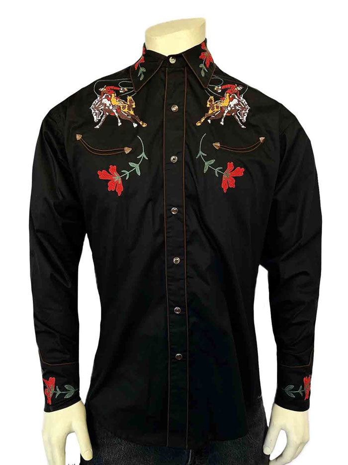 Rockmount 6840 BLK Men's Vintage Bronc Embroidered Western Shirt - Black Cowboy Shirt for Rodeo, Country Music & Western Fashion
