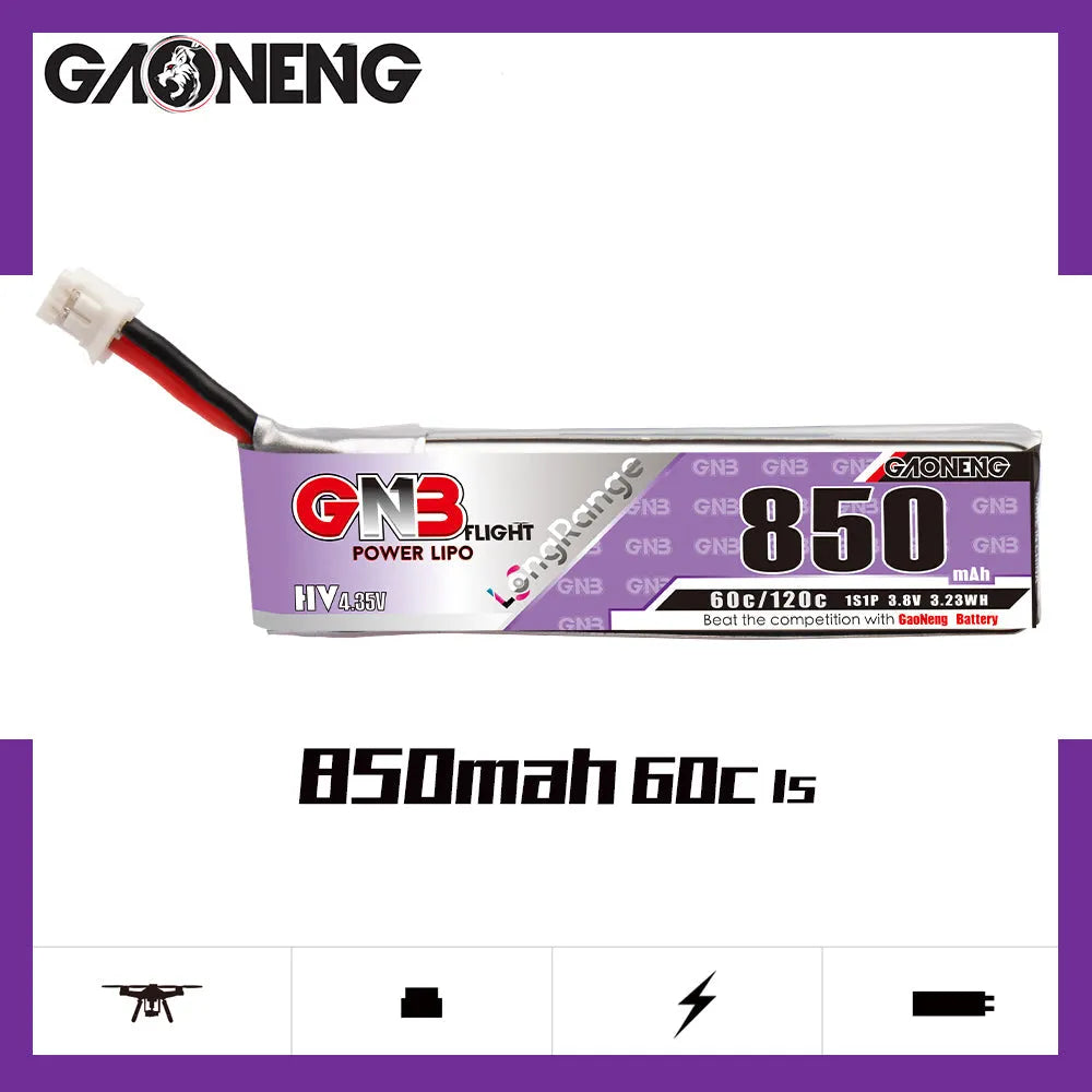 GNB 3.8V 850mAh 60C High Voltage LiPo Battery with PH2.0 Connector - 1S 4.35V RC Drone Battery (2 Pack) - Perfect for FPV Racing Drones, Mini Quadcopters and RC Car Models