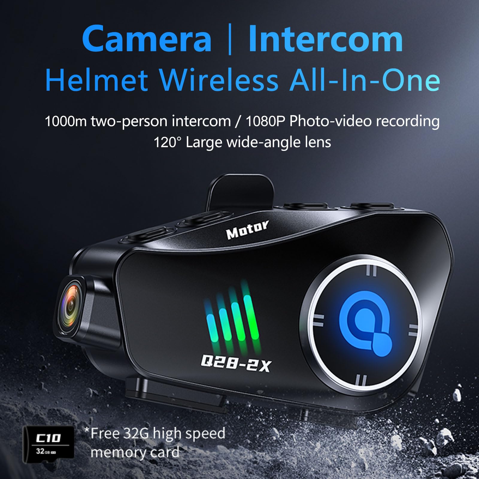 Motorcycle Helmet Bluetooth Headset with 1080P HD Camera - 120° Wide Angle Wireless Recorder, 360° Adjustable, Bluetooth 5.3, Smart Noise Cancellation, IP66 Waterproof, Includes 32GB TF Card - Perfect for Riding Safety, Vlogging & Adventure Recording