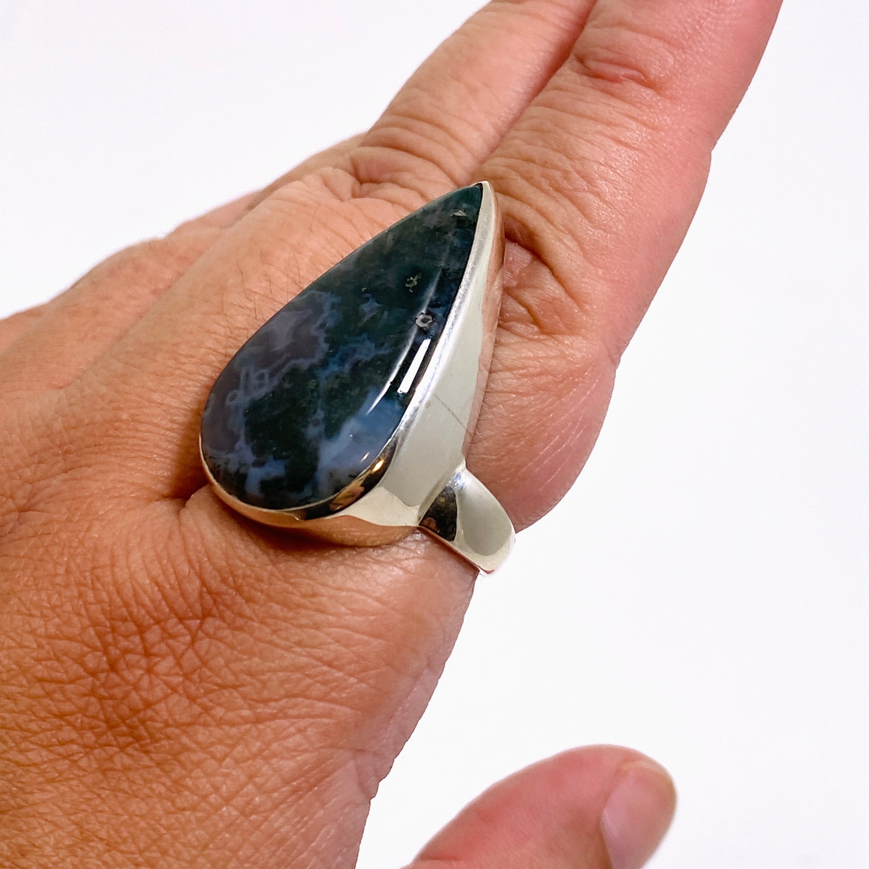 Natural Moss Agate Teardrop Cabochon Ring - Size 11 | Handmade Sterling Silver Jewelry for Women | Perfect for Boho Style, Wedding & Everyday Wear