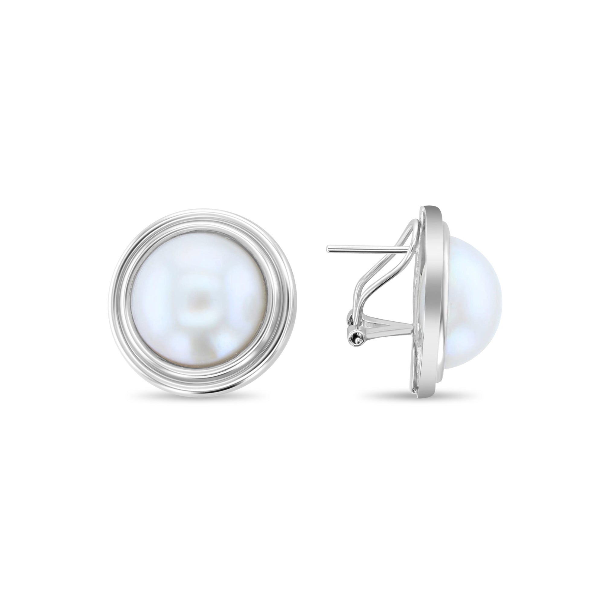 19MM Mabe Pearl Earrings with 14k White Gold Bezel Frame - Elegant Jewelry for Weddings, Parties & Special Occasions