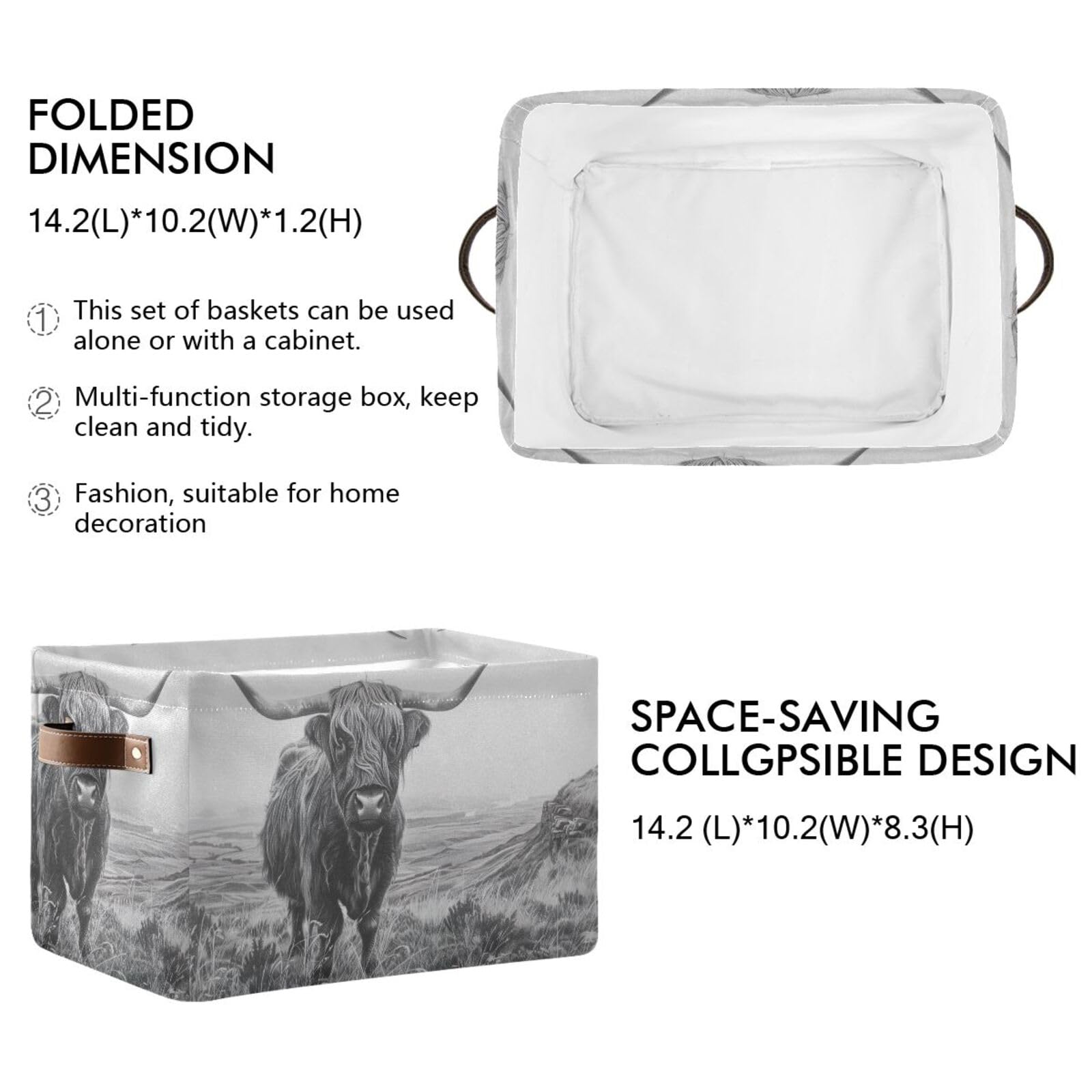 2PCS Large Foldable Storage Baskets - Highland Cow Pattern Collapsible Organizer Bin for Home, Office, and Nursery Organization