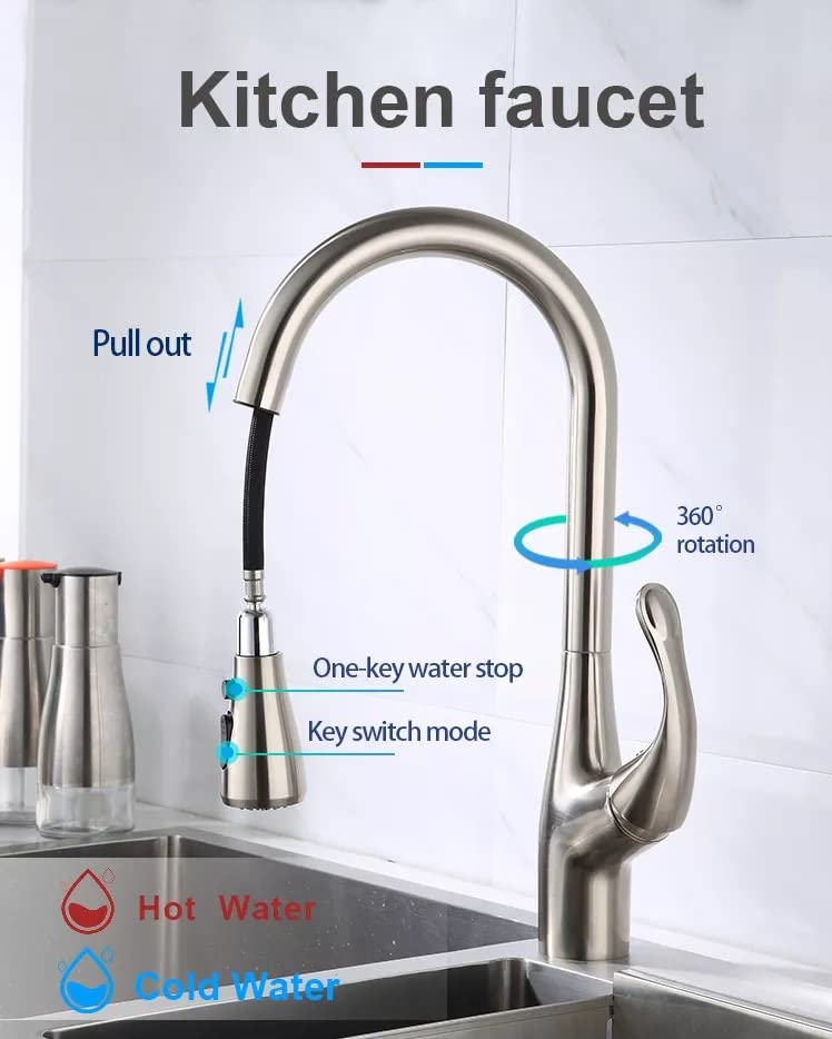 InArt Single Lever Kitchen Sink Faucet with Pull-Down Sprayer - 360° Swivel Multi-Function Spray Head, Brushed Chrome Finish for Modern Kitchens - Perfect for Washing Dishes, Filling Pots & Cleaning Vegetables