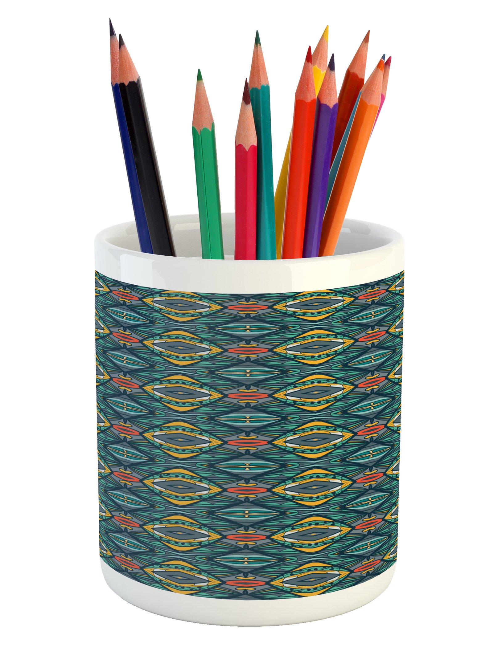 Ambesonne Abstract Ceramic Pen Holder - Diamond Kaleidoscope Design with Tribal Art for Desk & Office Organization | Multicolor Home & Office Decor Accessory