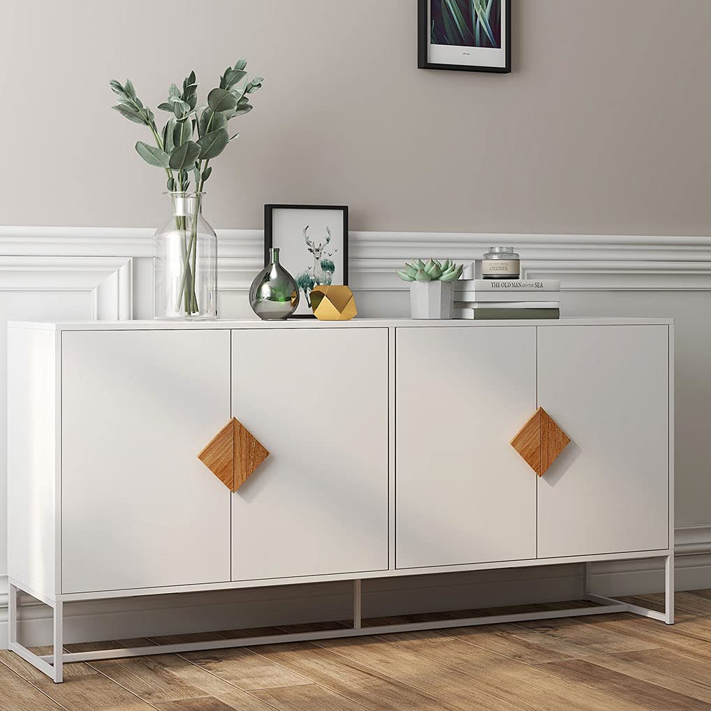 Solid Wood 4-Door Storage Cabinet with Double Sideboard - 2-Tier Shelves & Square Wooden Handles - Entryway Credenza, Buffet Table for Dining Room & Living Room Storage Solution