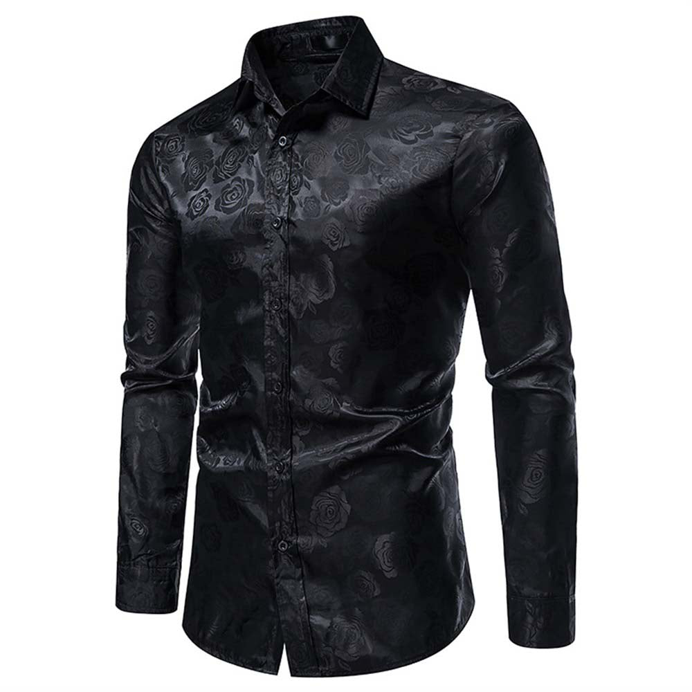 Men's Slim Fit Rose Printed Casual Shirt - Black Stylish Button Down Shirt for Work, Date Night & Everyday Wear