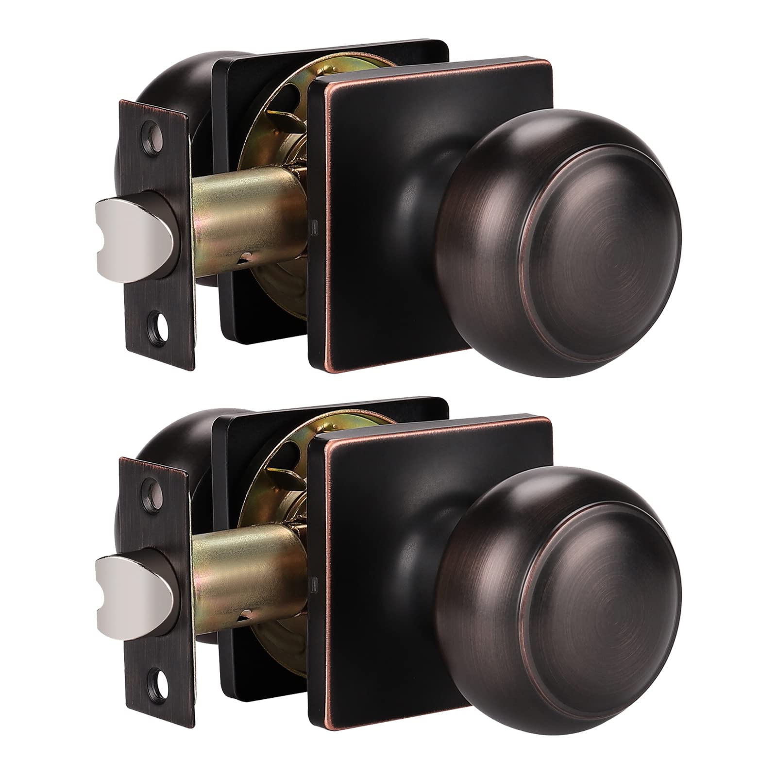 KNOBWELL 2 Pack Square Rosette Passage Door Knobs - Oil Rubbed Bronze Interior Door Handles for Hallway, Closet & Bedroom - Easy Installation & Smooth Operation for Daily Use