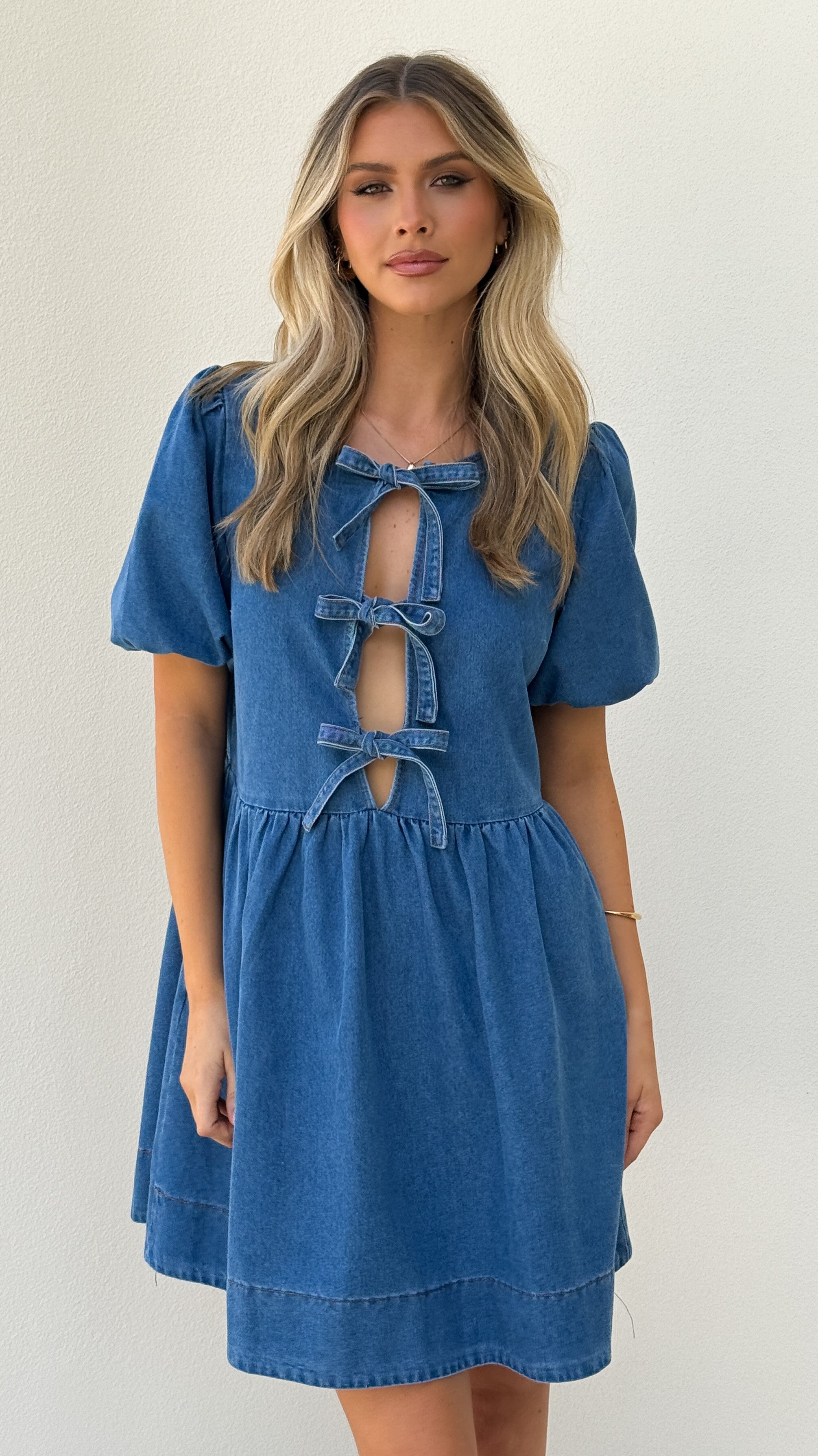 Cantra Tie Front Mini Dress in Mid Blue Denim - Stylish Casual Outfit for Summer, Beach, and Date Nights