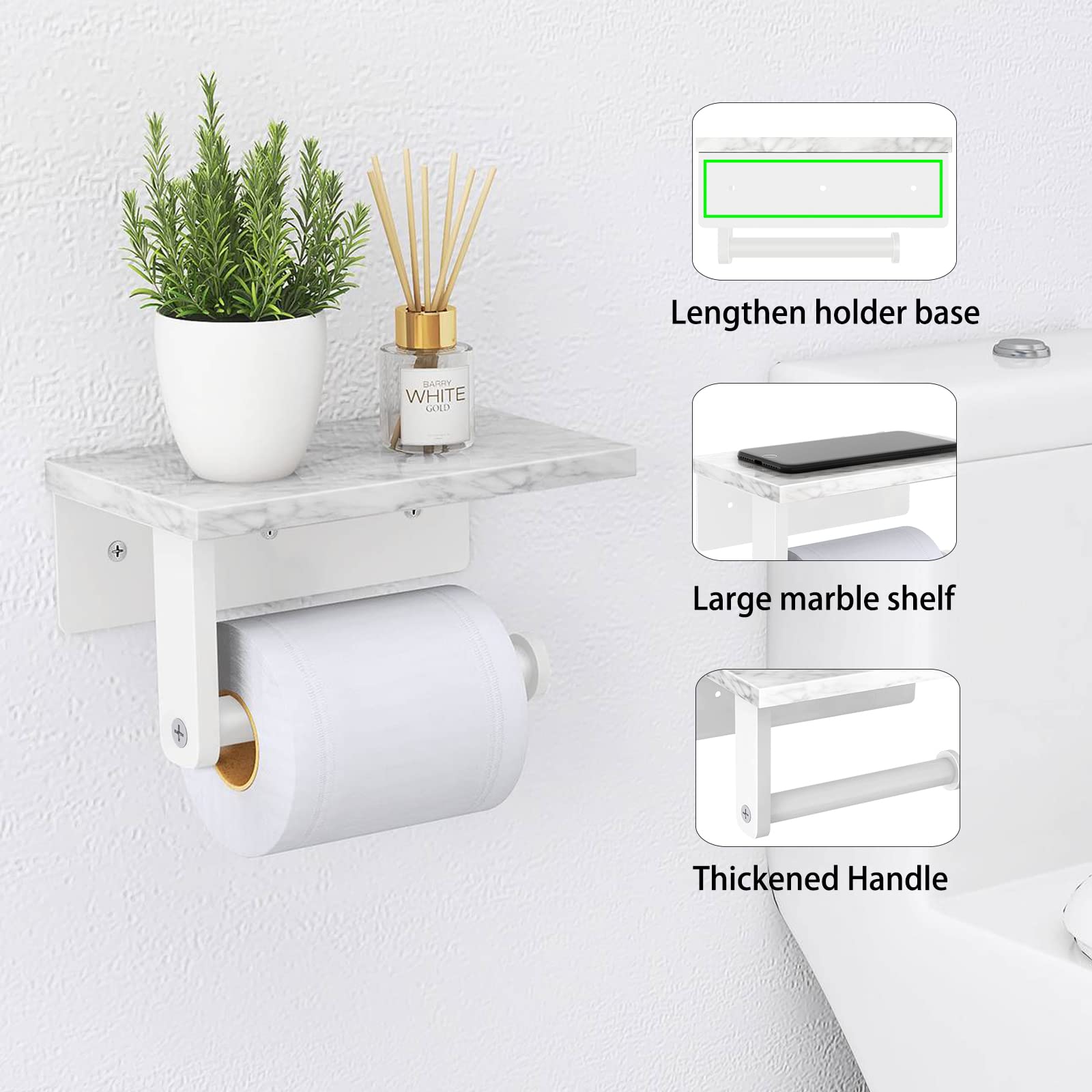 Natural Marble Toilet Paper Holder with 304 Stainless Steel Screw - Wall Mounted Bathroom Tissue Roll Dispenser for Washroom - Elegant White Finish | Perfect for Modern Homes, Apartments & Luxury Bathrooms