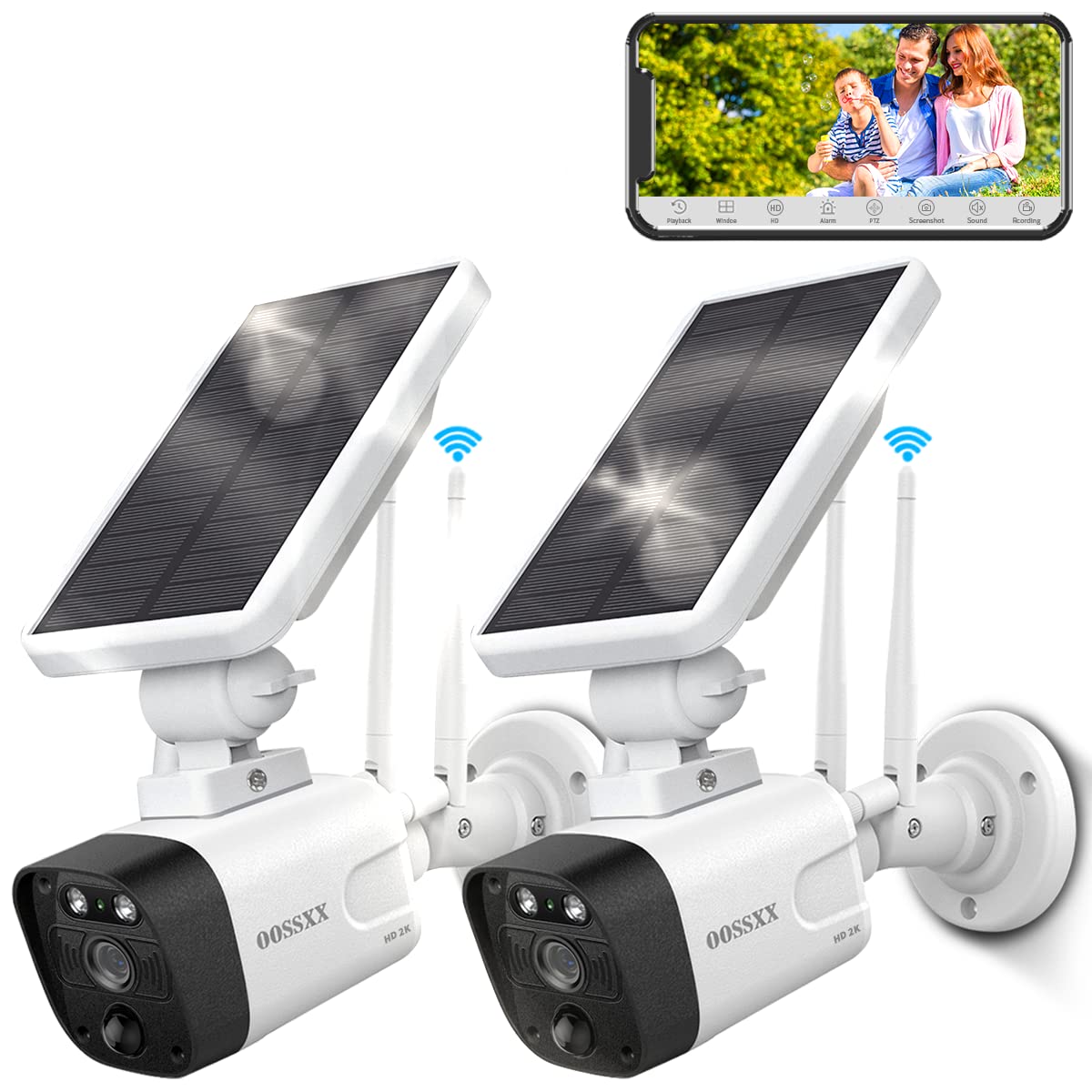 OOSSXX 4MP Solar Security Camera Outdoor Wireless - 2 Pack with Rechargeable Battery, WiFi Home Surveillance, Two-Way Audio & Night Vision | Weatherproof Solar Powered Cameras for Home, Garage & Backyard Security Monitoring