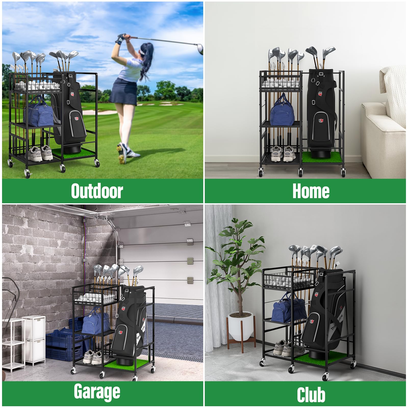 Premium Golf Bag Organizer - Heavy Duty Metal Golf Club Holder with Side Storage Pockets | Freestanding Golf Stand for Clubs & Accessories | Perfect for Home, Garage & Golf Course Organization