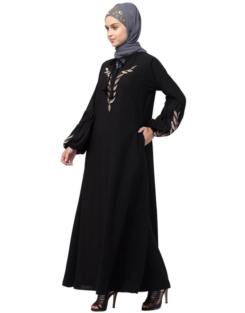 Elegant Arabic Front & Sleeve Resham Embroidered Balloon Sleeve Abaya Dress - Black | Modest Islamic Clothing for Prayer, Eid & Special Occasions