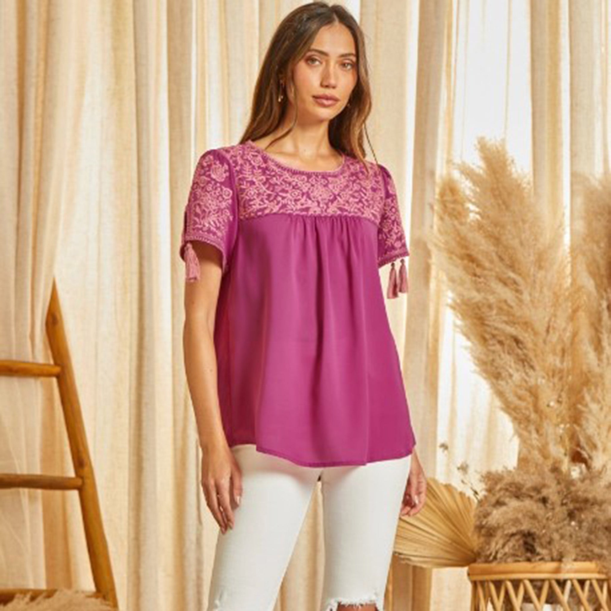 Andree Women's Magenta Embroidered Blouse - Elegant Floral Embroidered Tops for Women, Casual & Party Wear, Perfect for Office, Date Night and Special Occasions