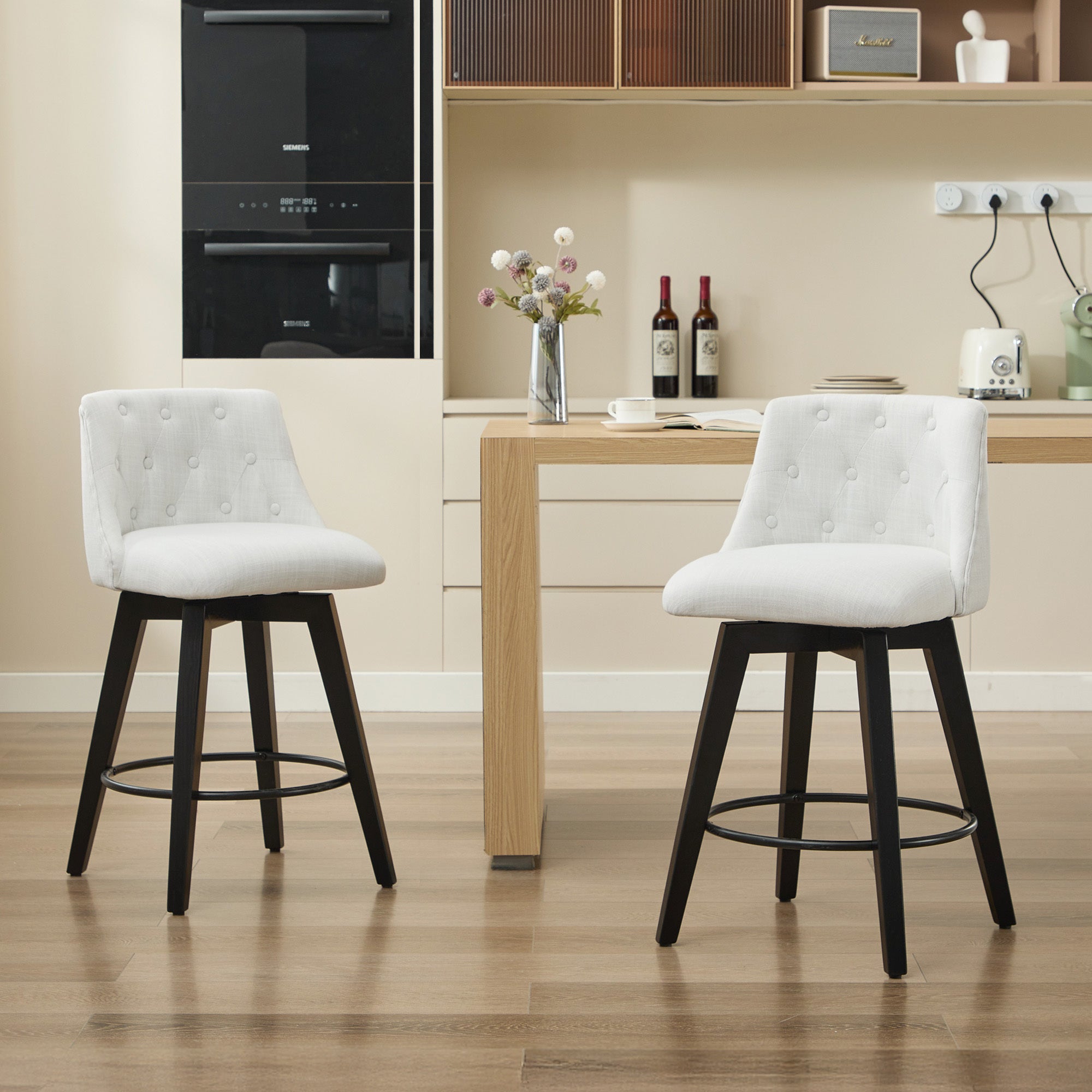 Modern 25' Swivel Bar Stools Set of 2 - Counter Height Stools with Linen Upholstery & Button Tufted Back, Solid Wood Frame for Kitchen Island, Home Bar or Breakfast Nook - Perfect for Entertaining Guests or Casual Dining