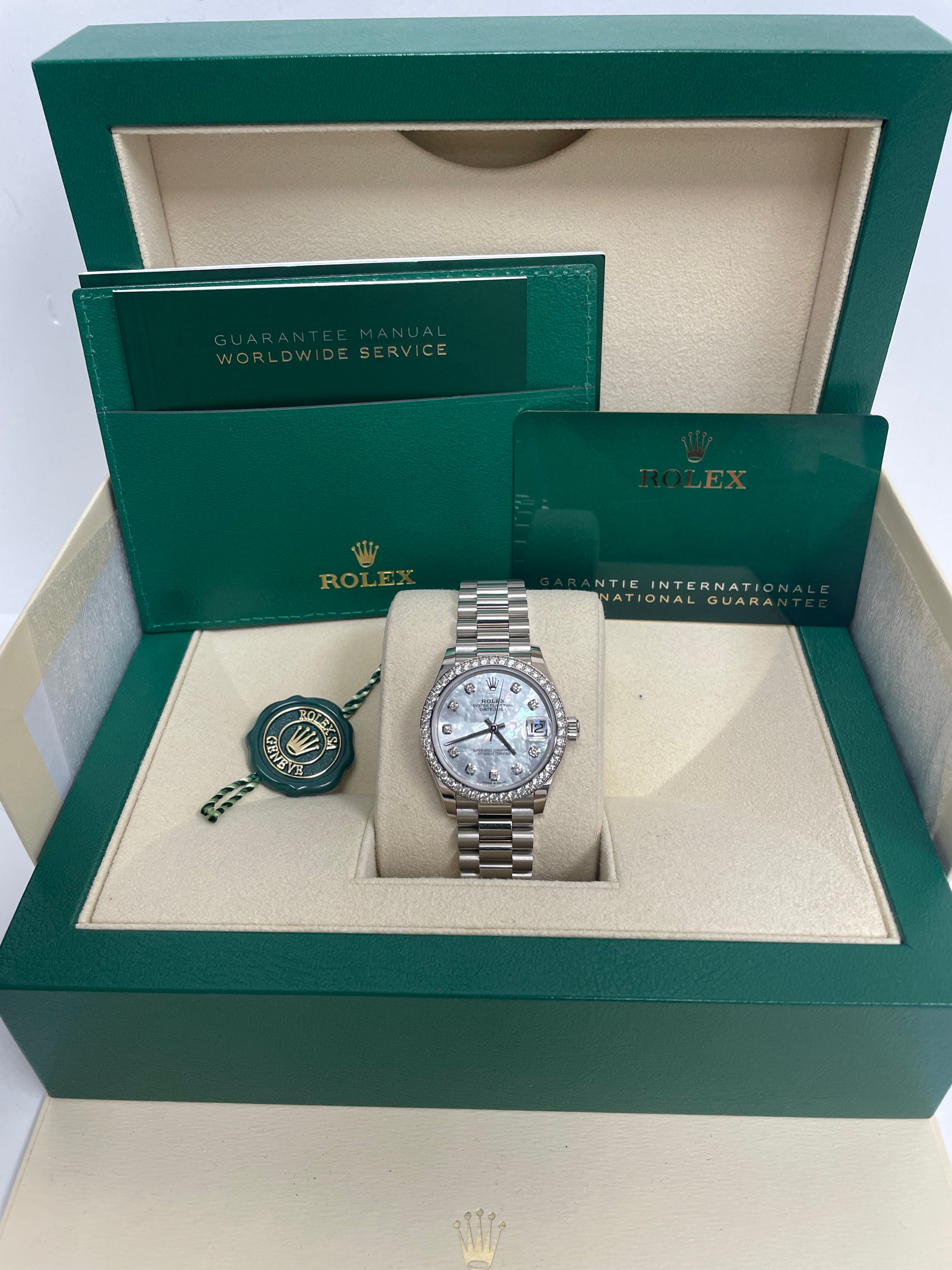 Rolex Datejust 31 White Gold Watch with Diamond Bezel & Mother of Pearl Diamond Dial - President Bracelet (Ref #278289RBR) | Luxury Women's Timepiece for Special Occasions & Formal Events
