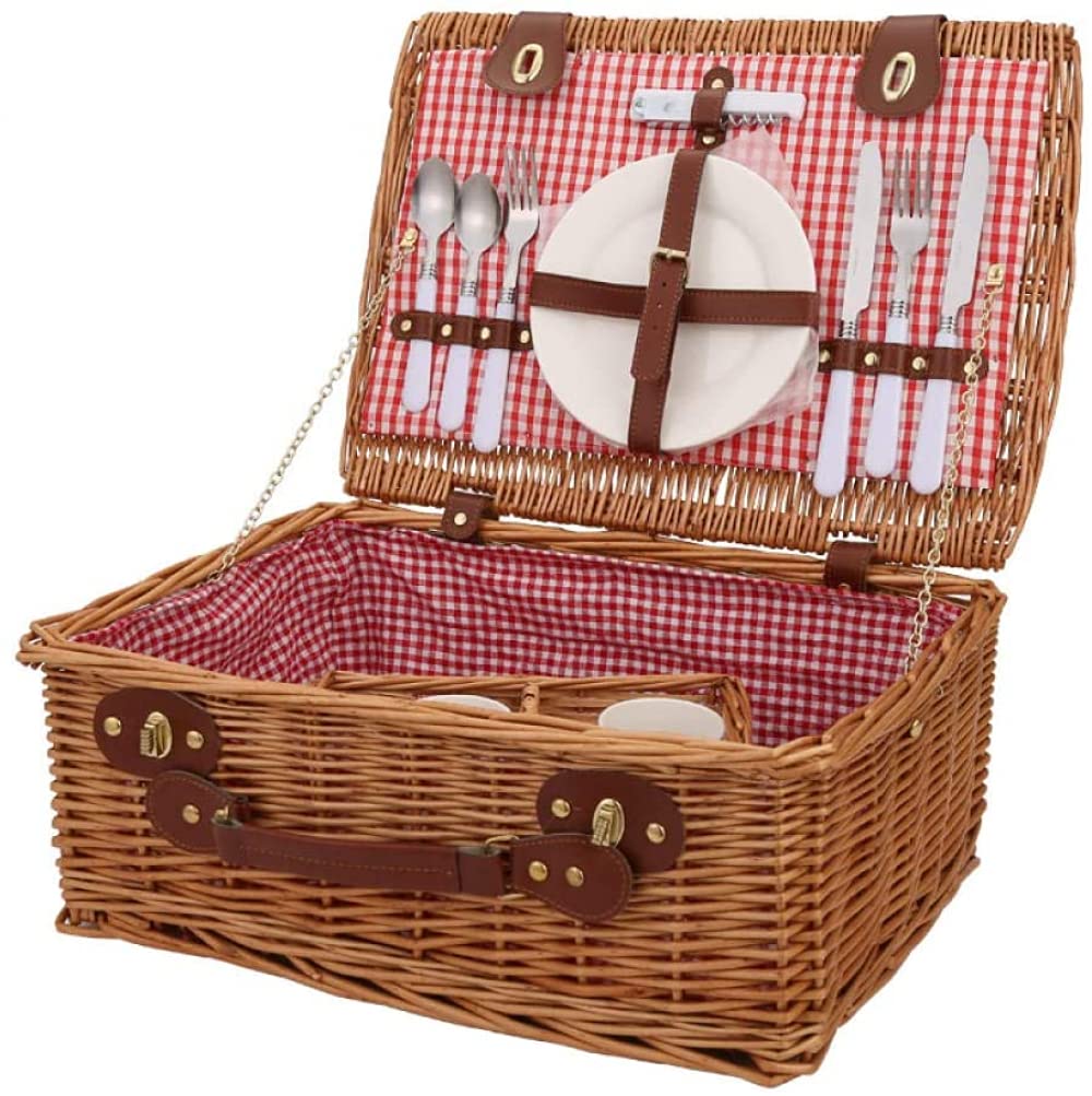 Handmade Willow Picnic Basket Set for 2 - Woven Wicker Camping & Outdoor Picnic Basket with Lid - Perfect for Beach, Park, Romantic Dates and Picnic Parties
