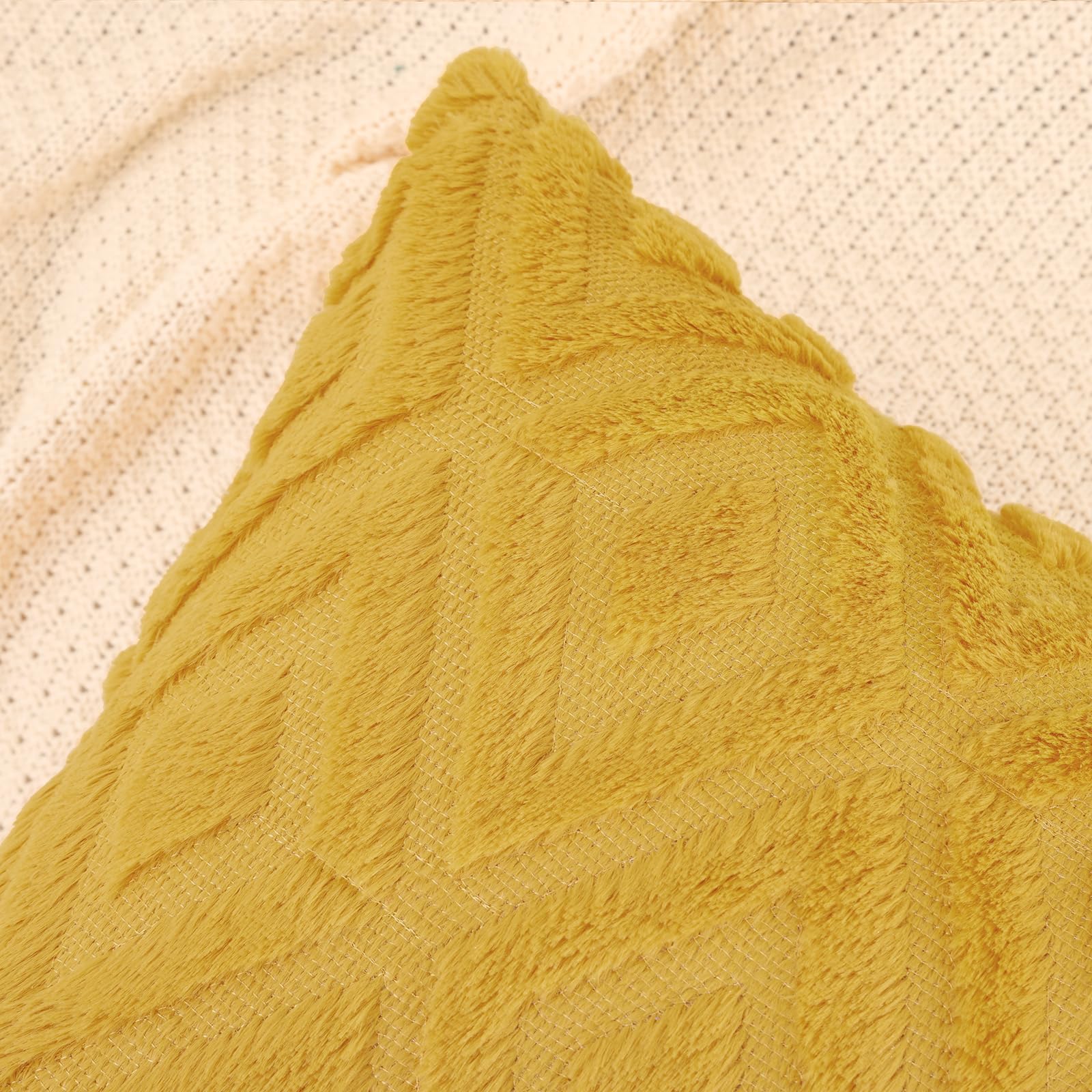 Pallene Soft Faux Fur Throw Pillow Covers 22x22 Set of 2 - Plush Wool Decorative Couch Pillow Covers for Sofa, Bed, Living Room - 3D Diamond Pattern Mustard Yellow - Perfect for Home Decor, Cozy Winter Nights & Gift Giving