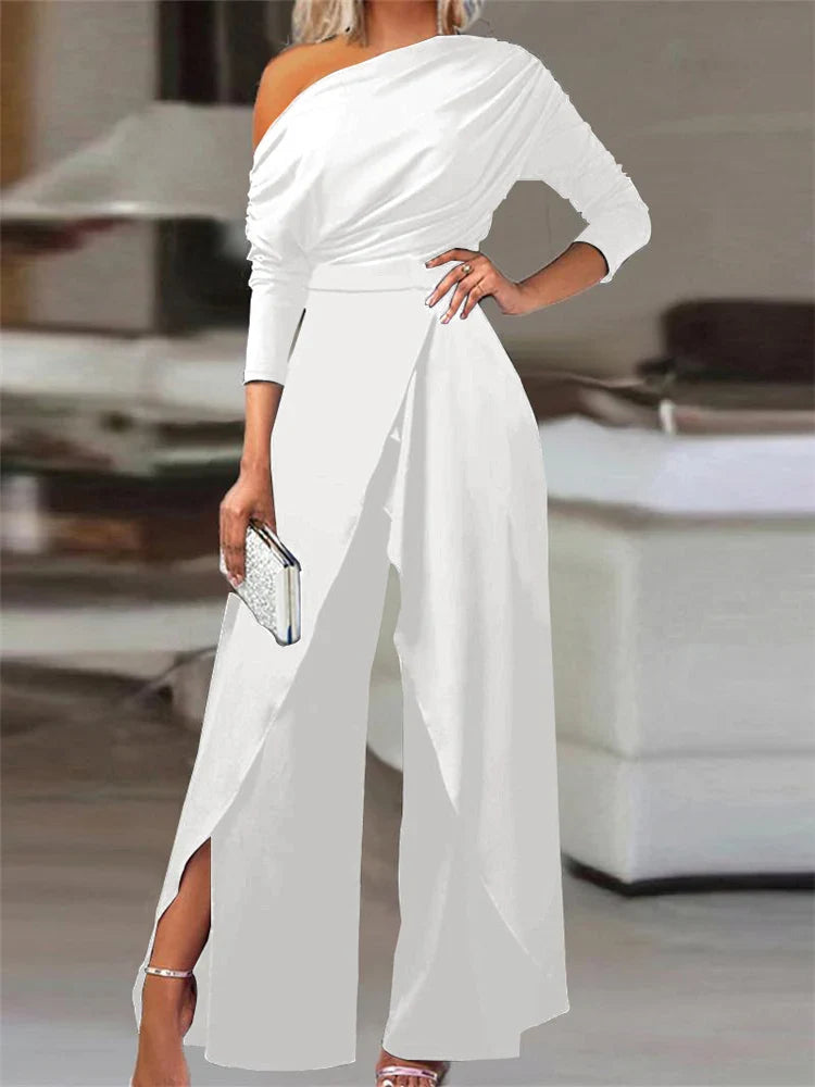 Elegant Women's Jumpsuits - Spring Office Wear Loose Ruched Cold Shoulder Split Hem Wide Leg Romper for Work, Party & Casual Outfits | Plus Size Options Available