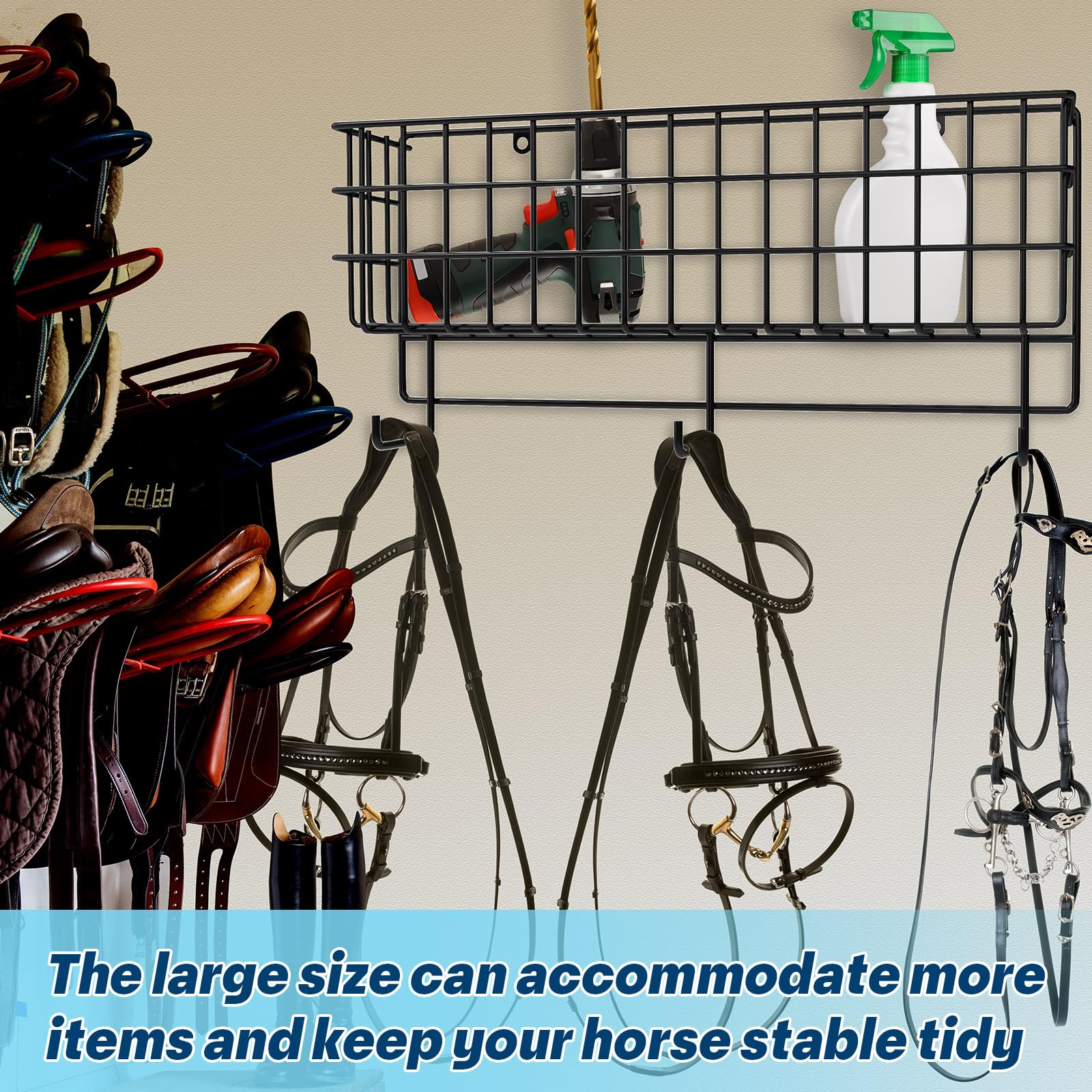 Tandefio 2-Pack Wall Mounted Horse Bridle Rack with Storage Basket & Tack Hooks - Multi-Use Stable Organizer for Saddles, Keys & More - Perfect for Barns, Stables & Equestrian Centers