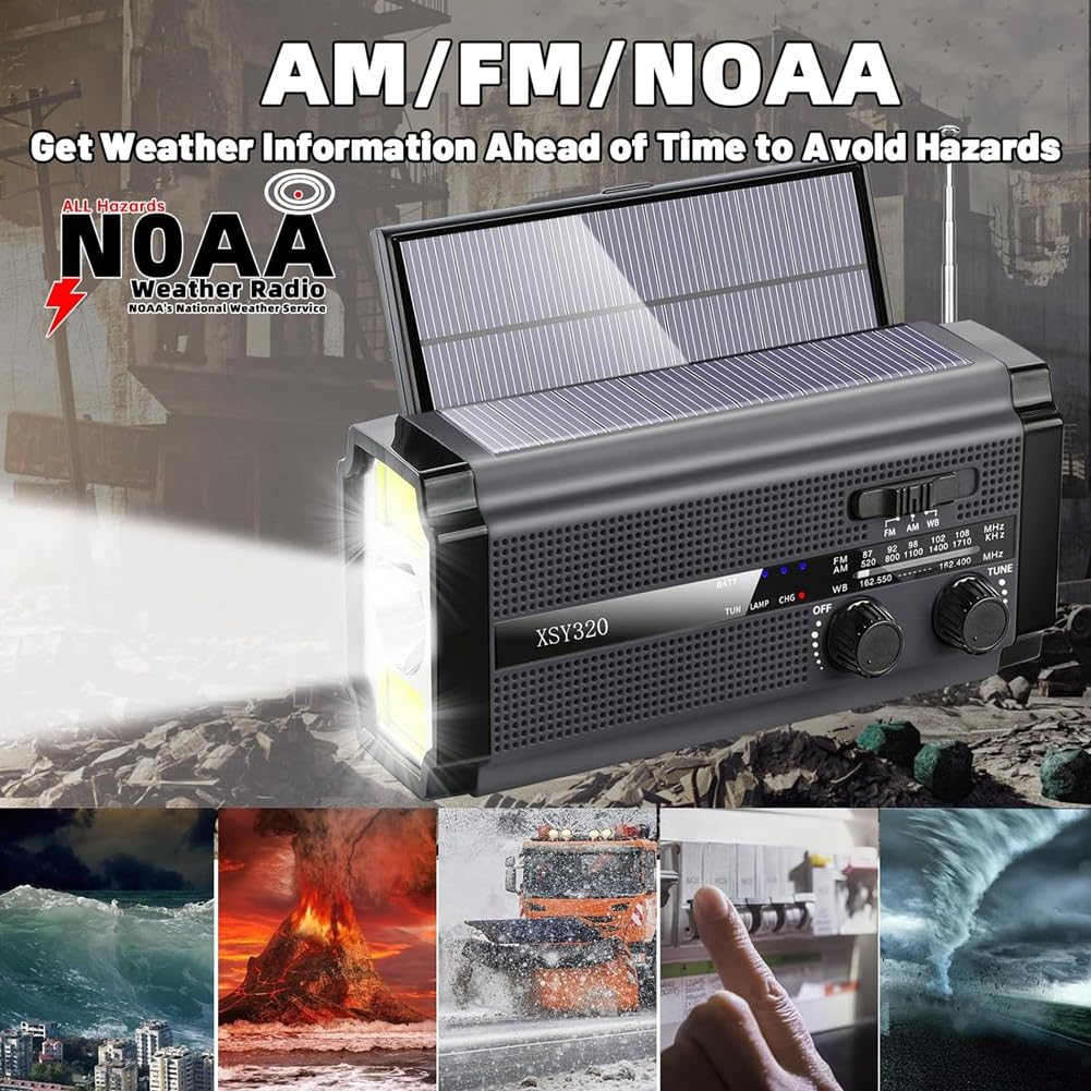 Mkcavne Emergency Weather Radio - Solar Hand Crank AM/FM/NOAA Portable Radio with 5 Charging Modes & Cell Phone Charger - Perfect for Camping, Hiking, and Power Outages