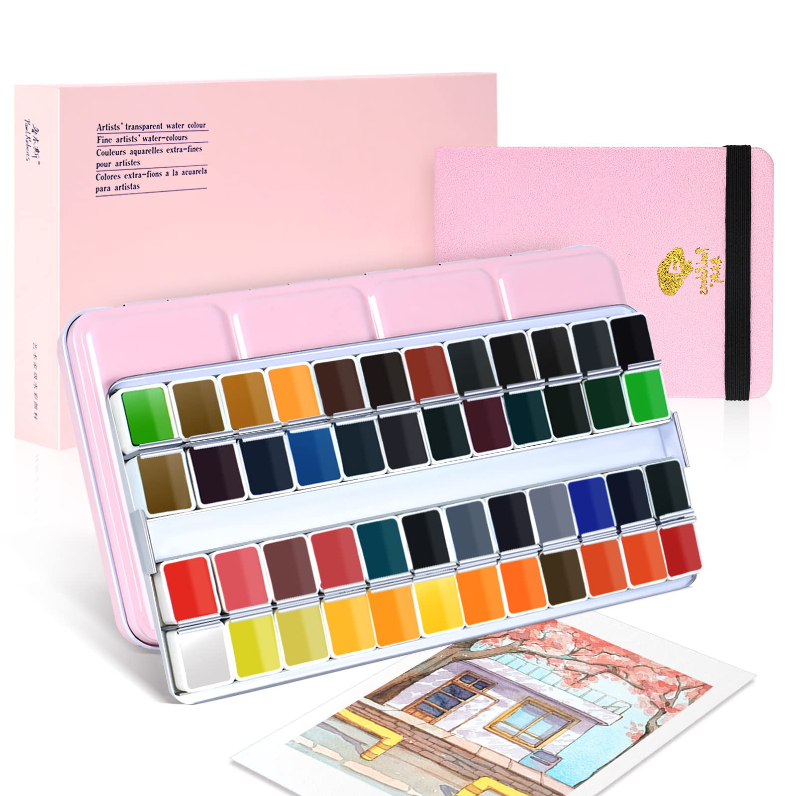 Paul Rubens Professional Watercolor Paint Set - 48 Vibrant Artist Grade Colors, Solid Cakes with Palette & 100% Cotton Hot Press Watercolor Journal - Perfect for Painting, Sketching, and Art Projects