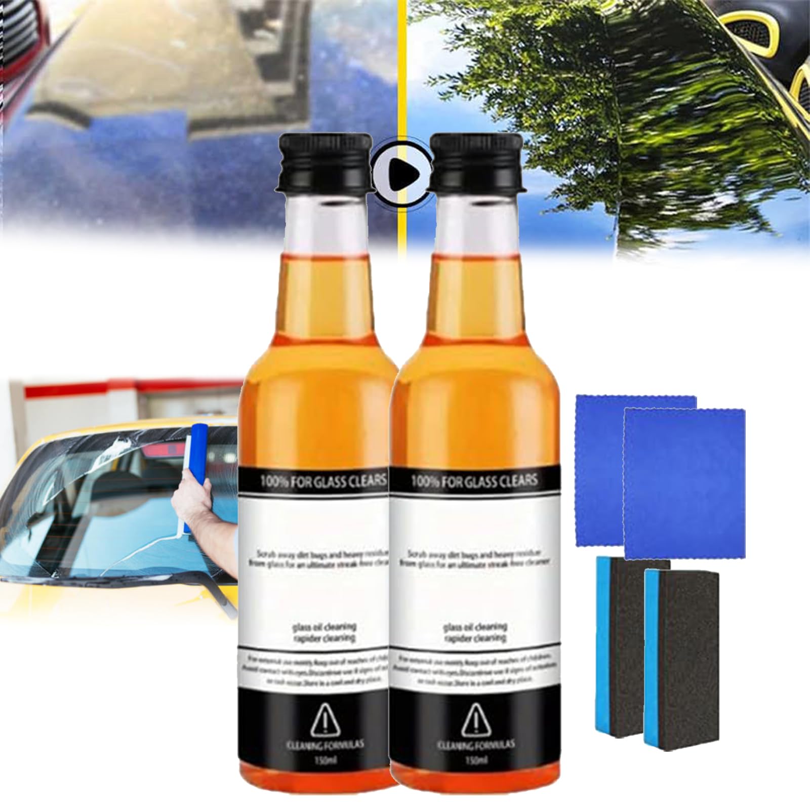 Premium Car Glass Oil Film Remover & Cleaner Kit (2PCS) - Effective Windshield & Window Degreaser for Crystal Clear Visibility - Perfect for Car, Truck & Home Windows