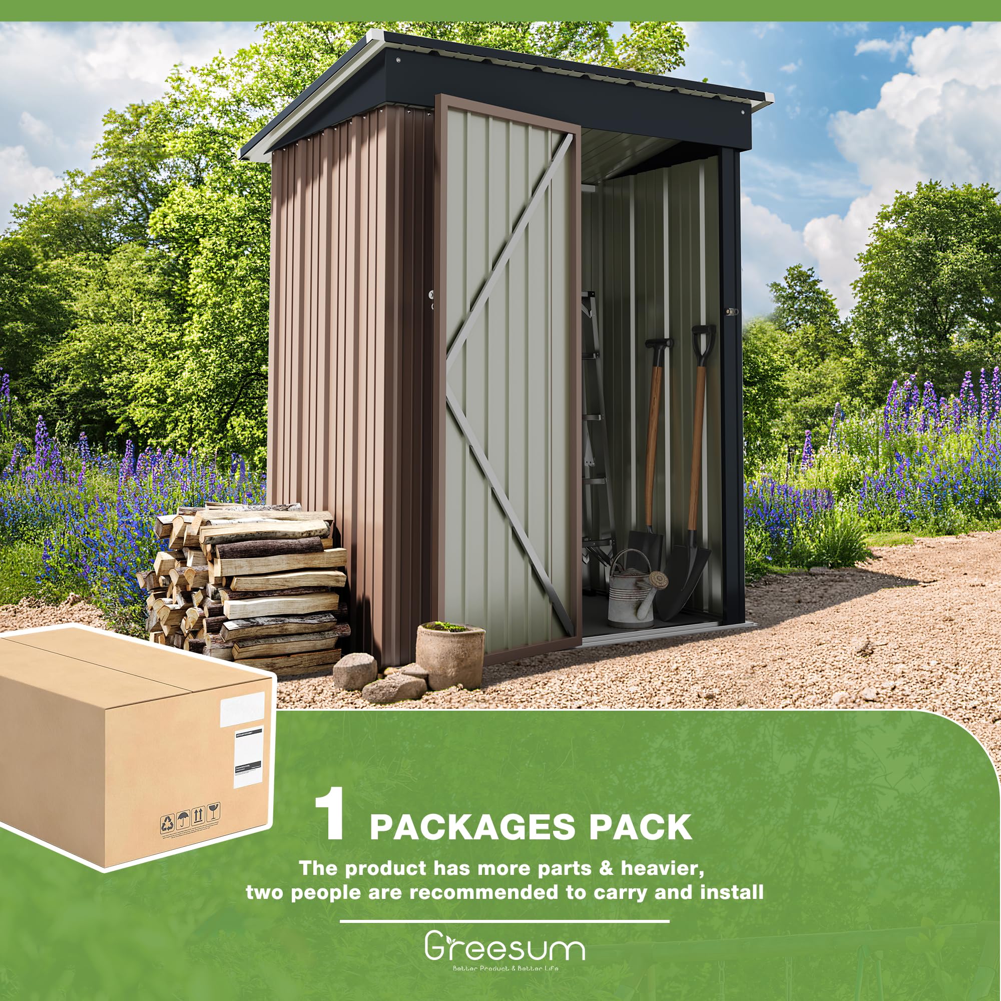 Greesum 5x3 ft Outdoor Storage Shed - Metal Utility Tool Shed with Lockable Door for Garden, Patio & Backyard Organization (Brown) | Perfect for Storing Lawn Mowers, Gardening Tools & Outdoor Equipment
