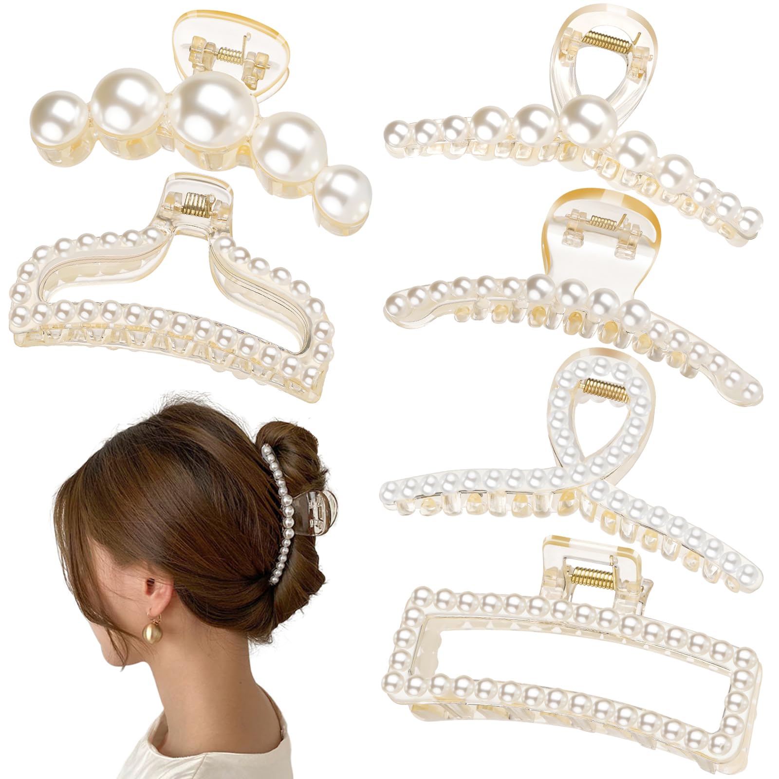 Leezmark Pearl Hair Claw Clips - Large Barrettes for Thin, Thick, Curly & Long Hair - White Jaw Clips Hair Accessories for Women & Girls - Perfect for Work, Weddings & Everyday Styling