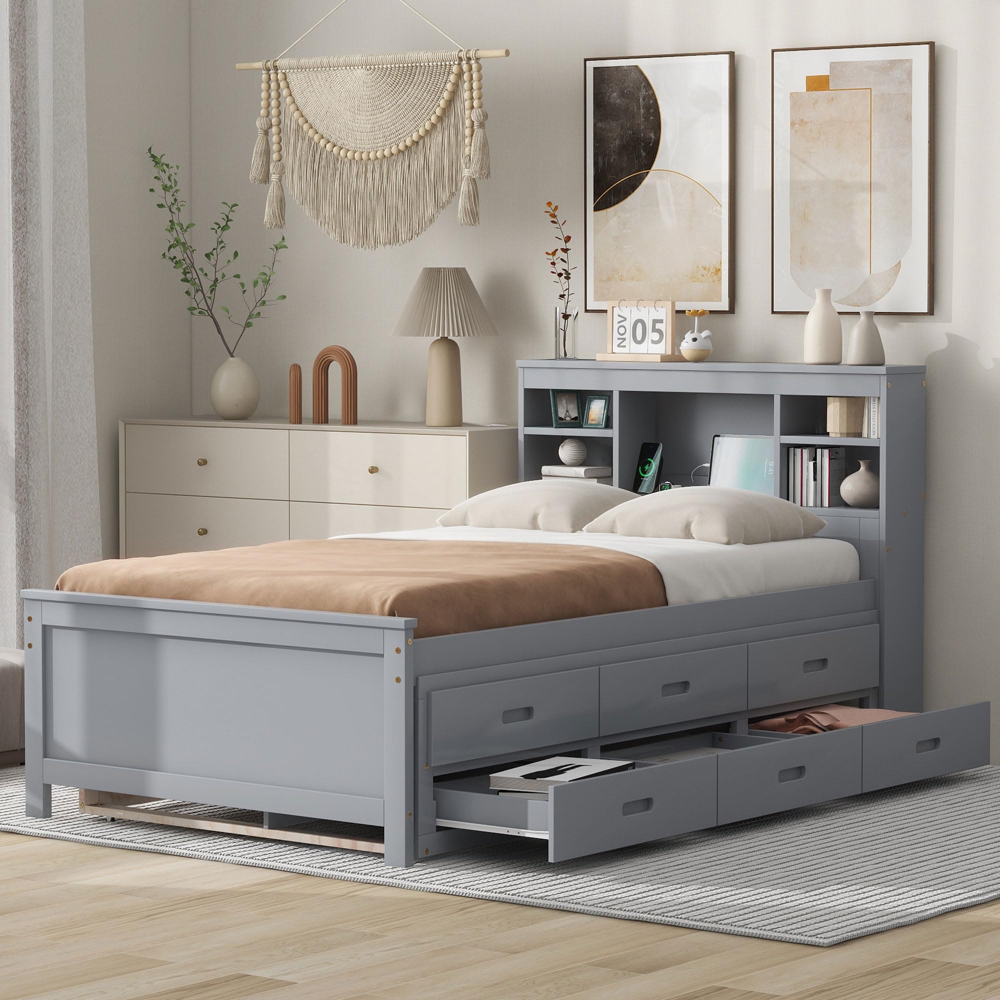 Harper & Bright Designs Twin Bed with Trundle and Storage Drawers, Wooden Twin Bed Frame with Bookcase Headboard & USB Ports - Space-Saving Solution for Kids, Teens & Adults (Gray) | Perfect for Small Bedrooms, Guest Rooms & Dormitories
