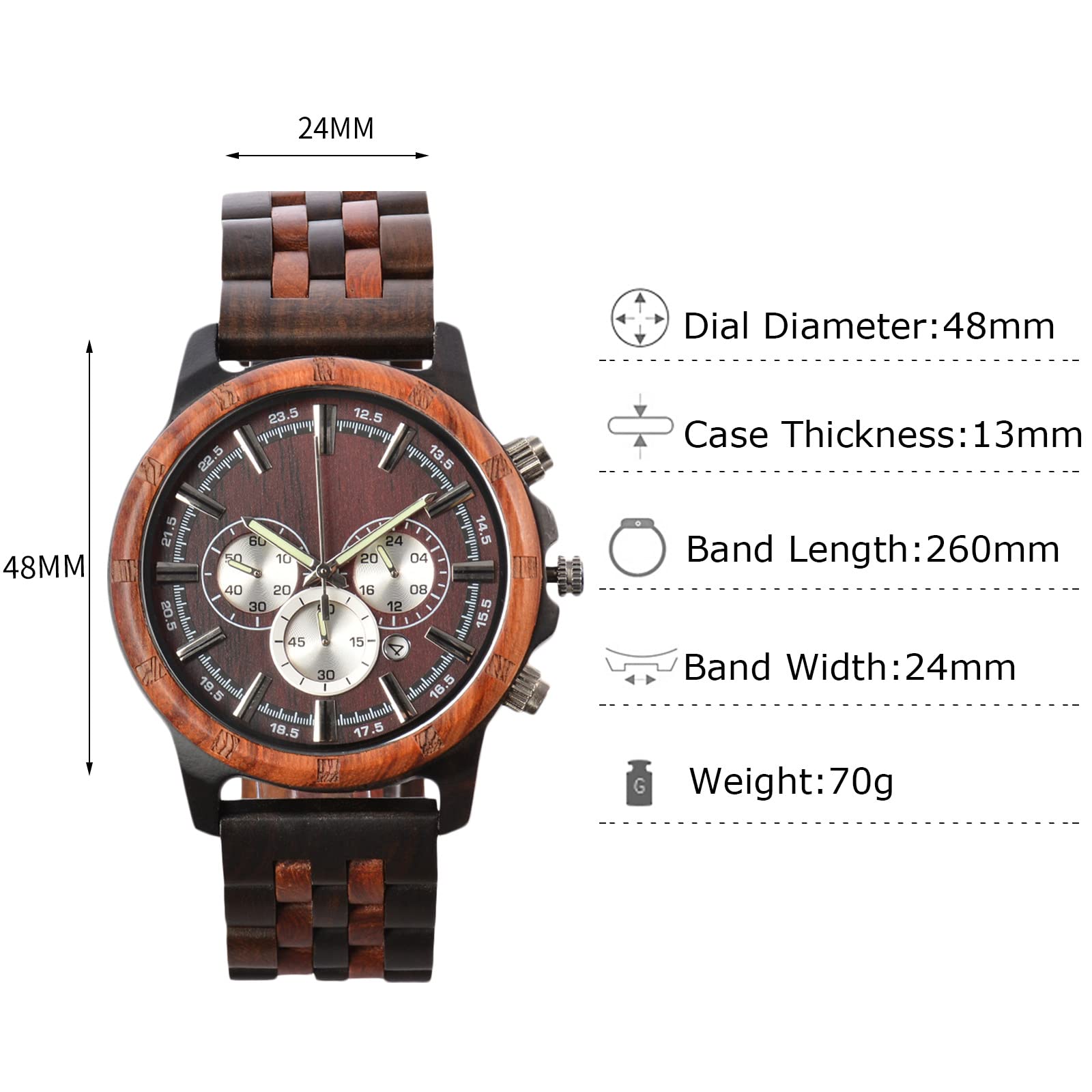 RORIOS Men's Wooden Watch - Waterproof Analog Quartz Wristwatch, Natural Handmade Wooden Chronograph Watch for Men | Perfect for Outdoor Activities, Casual Wear & Unique Gifts