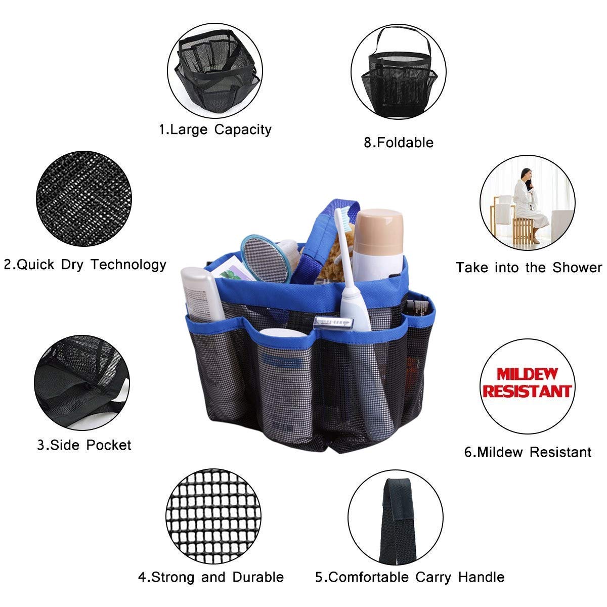 KAIAIWLUO Mesh Shower Caddy Organizer - Portable Quick-Dry Shower Tote Bag with 8 Pockets & Carry Handle for Gym, Travel, Swimming, Camping - Perfect for Bathroom Storage & Toiletries Organization (Black)