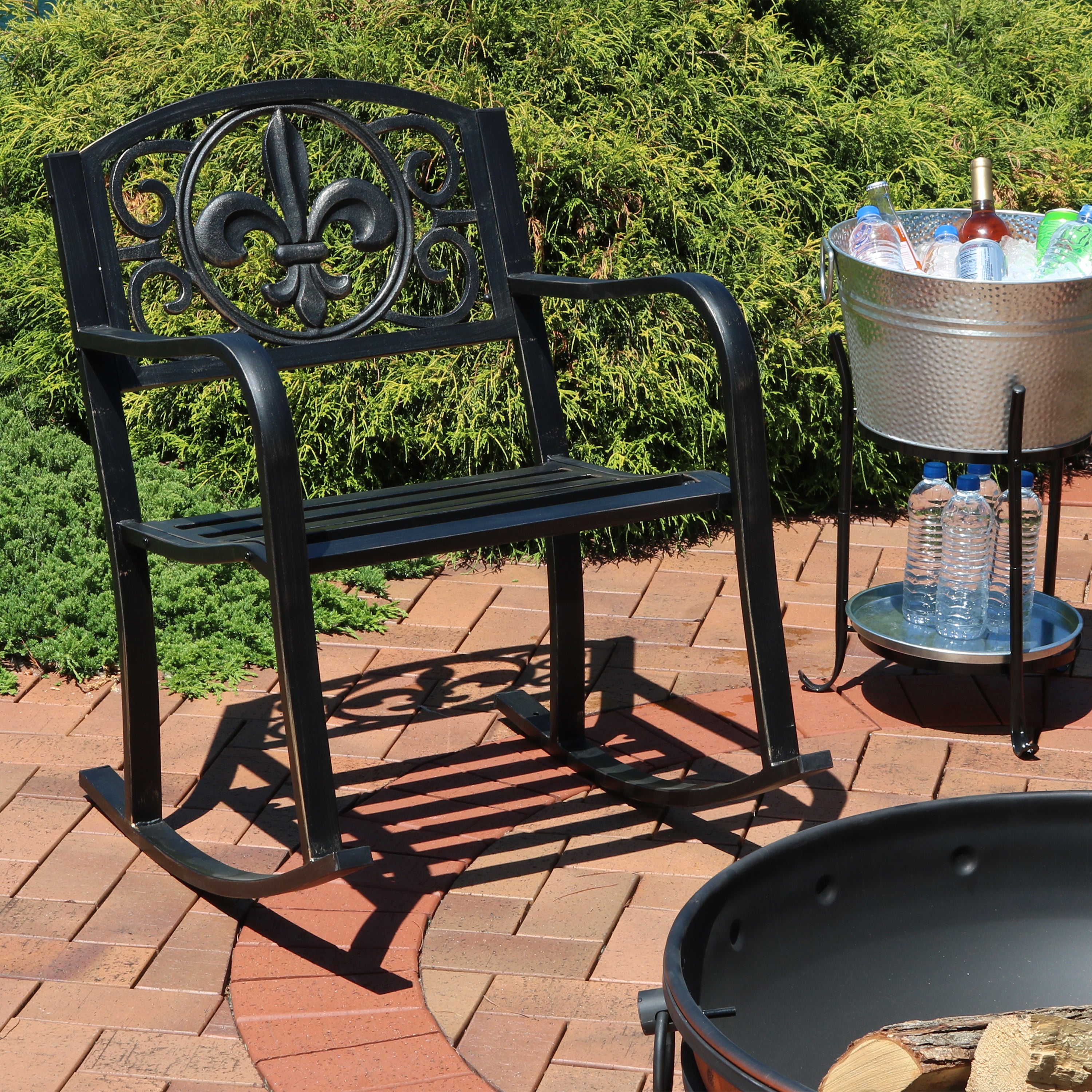 Sunnydaze Cast Iron and Steel Outdoor Rocking Chair with Fleur de Lis Design - Perfect for Garden, Patio, Porch & Backyard Relaxation