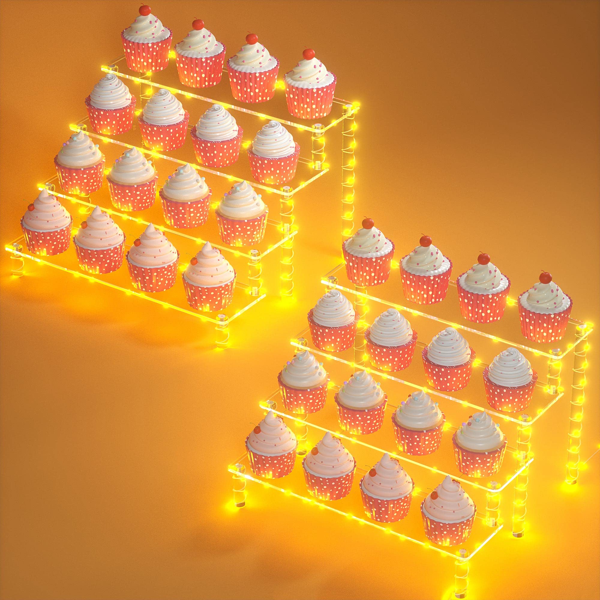 4-Tier Acrylic Riser Display Shelf with LED Lights - Multi-Purpose Cupcake Stand, Dessert Display, Cake Pop Holder for Thanksgiving, Parties, Bakeries - Perfect for Showcasing Sweets, Cosmetics, Glassware & Collectibles