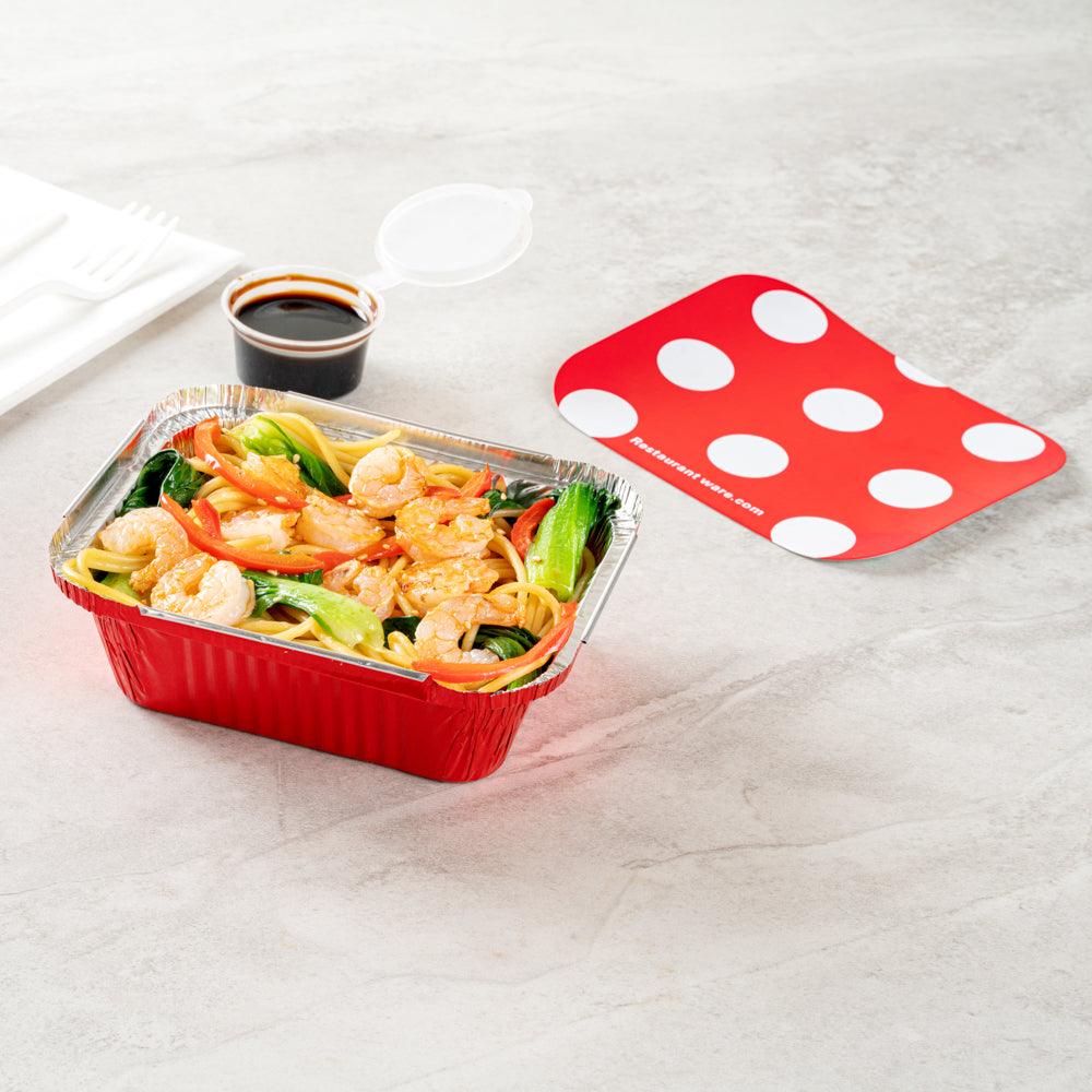 12 oz Rectangle Red Aluminum Take Out Containers with Polka Dot Paper Lids - 5 3/4
