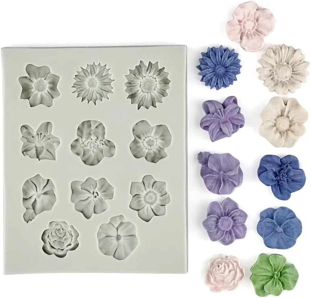 Skytail 11-Cavity Fondant Mold Set - Rose, Sunflower, Peony, Chrysanthemum & Daisy Flower Candy Molds for Cake Decorating, Chocolate, Clay, Resin & Soap Making | Perfect for Wedding Cakes, Cupcakes, DIY Crafts & Confectionery Projects