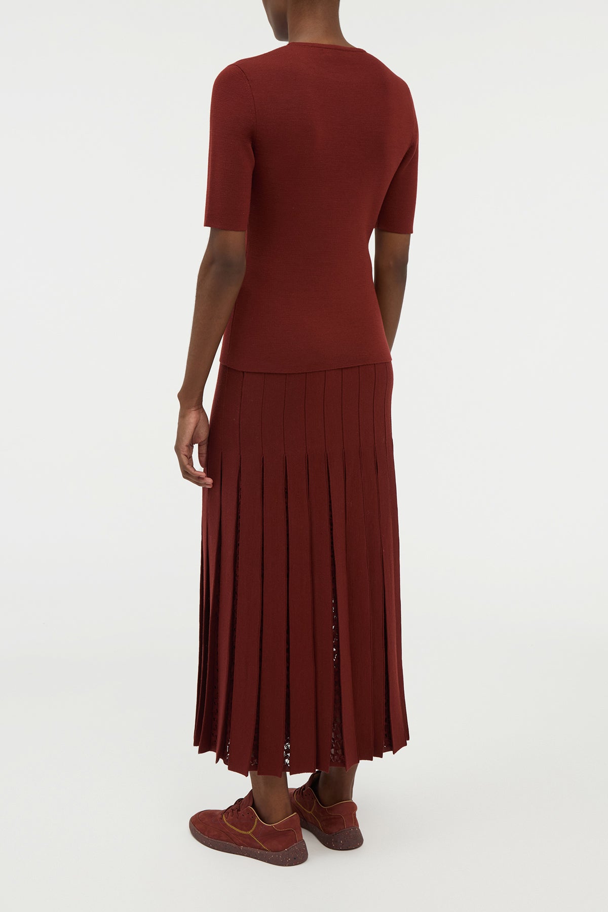 Elegant Merino Wool Knit Pleated Maxi Skirt in Burnt Sienna - Perfect for Weddings, Parties & Formal Occasions