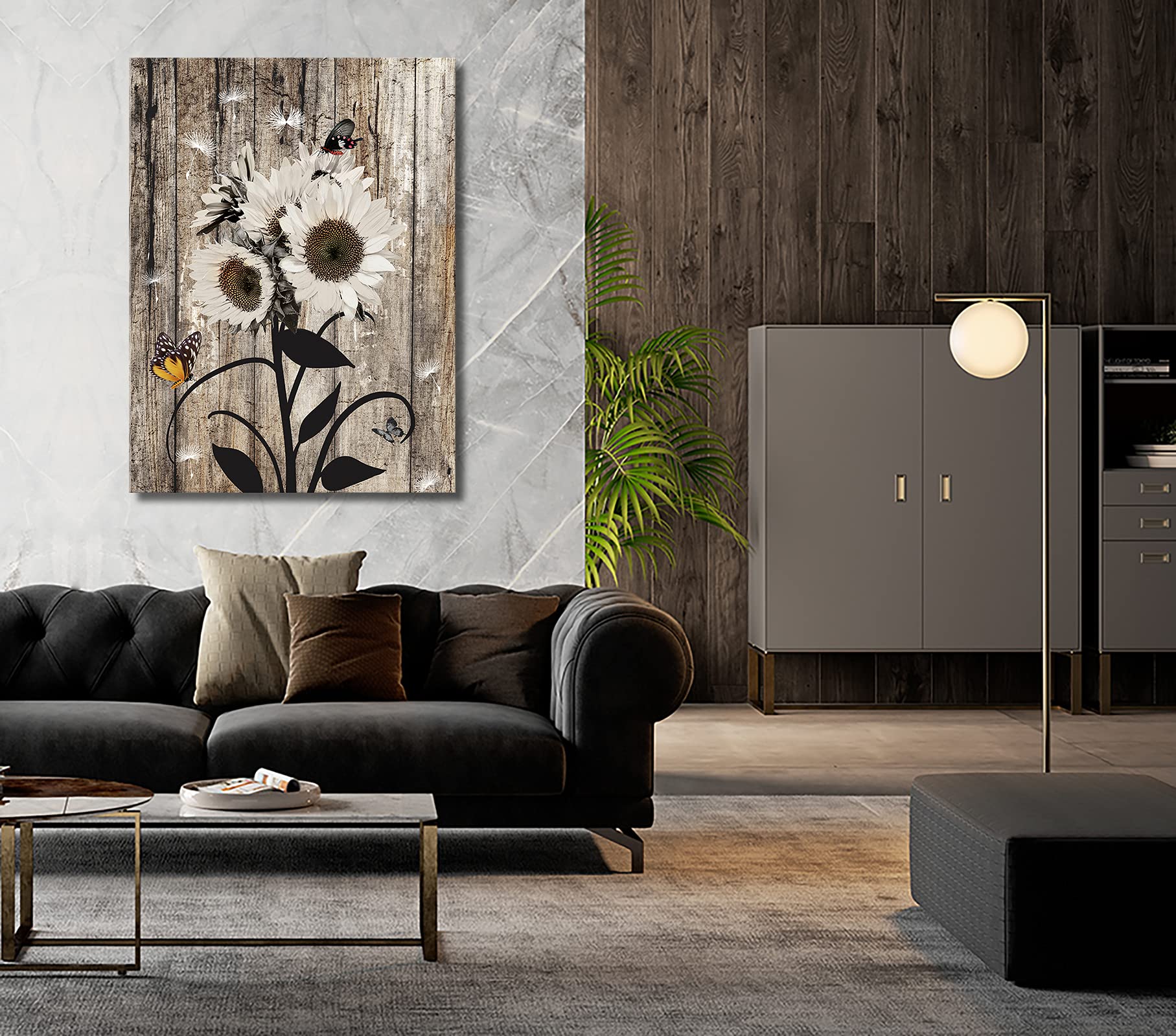 White Sunflower Butterfly Wall Art Canvas - Rustic Farmhouse Wood Decor for Bedroom, Living Room, Kitchen & Office - Country Floral Picture Poster Print - Modern Framed Home Decor Ready to Hang - Perfect for Farmhouse, Boho & Country Style Interiors