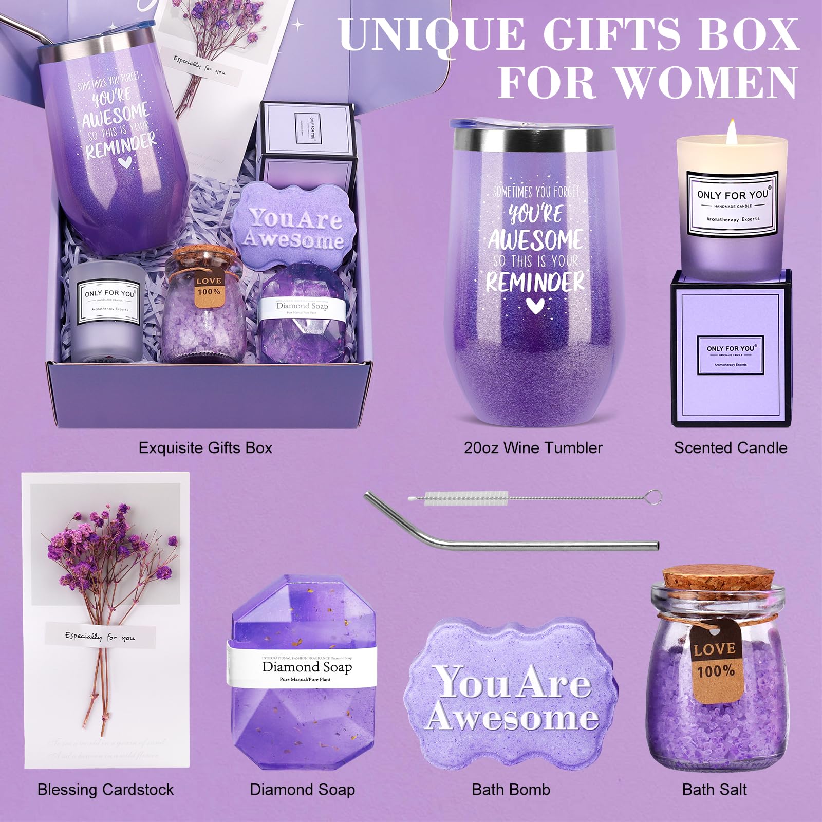 Relaxing Spa Gift Basket Set for Women - Perfect Birthday Gifts for Her, Mom, Grandma, Daughter, Sister, Wife & Girlfriend | Unique Bath Set with Essential Oils, Bath Bombs & Luxurious Accessories in Elegant Purple | Ideal for Self-Care, Mother's Day, Anniversary & Stress Relief