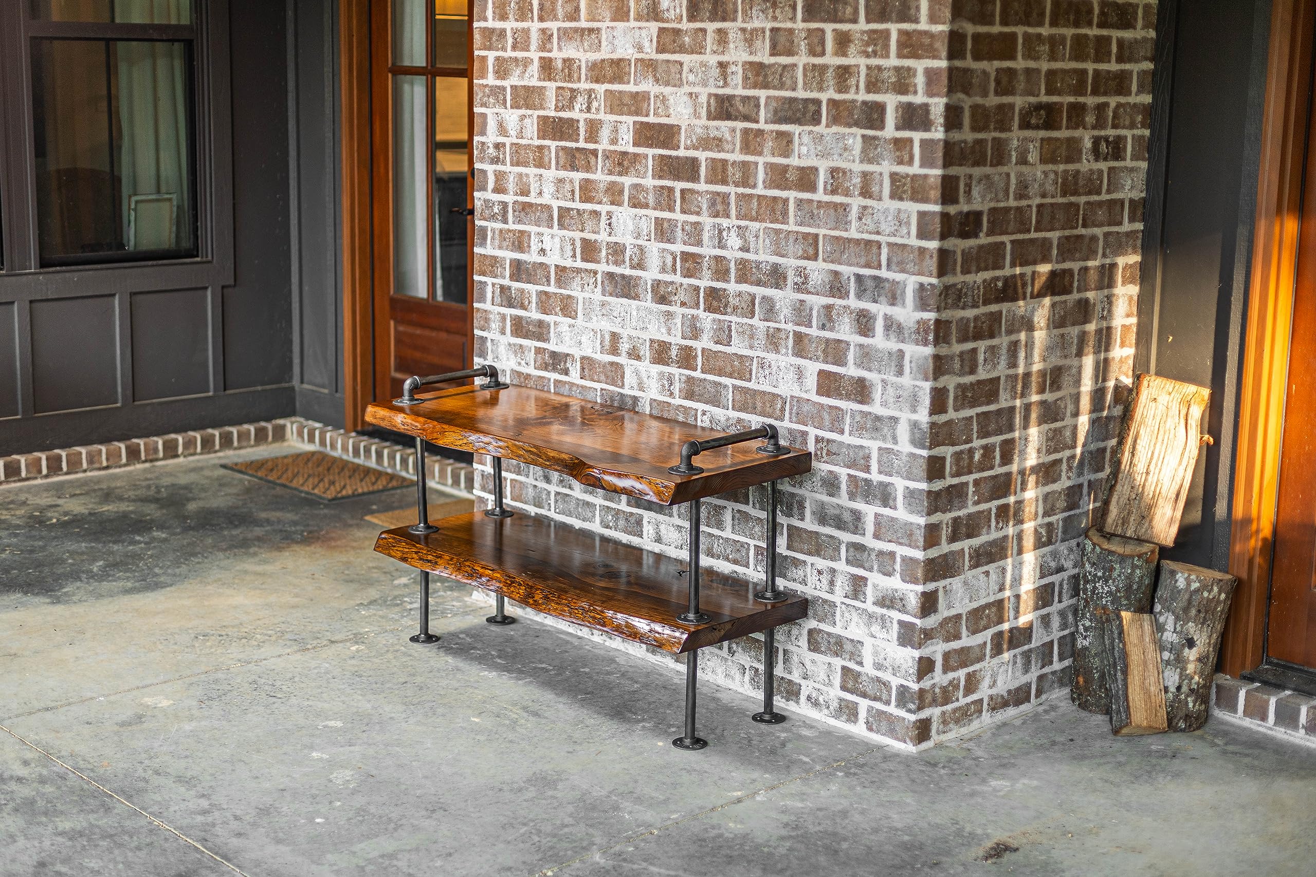 Handcrafted Southern Rustic Logwerks Industrial Pipe Live Edge TV Stand - Steampunk Entertainment Center with Honey Pine Wood | Perfect for Living Room & Man Cave Décor
