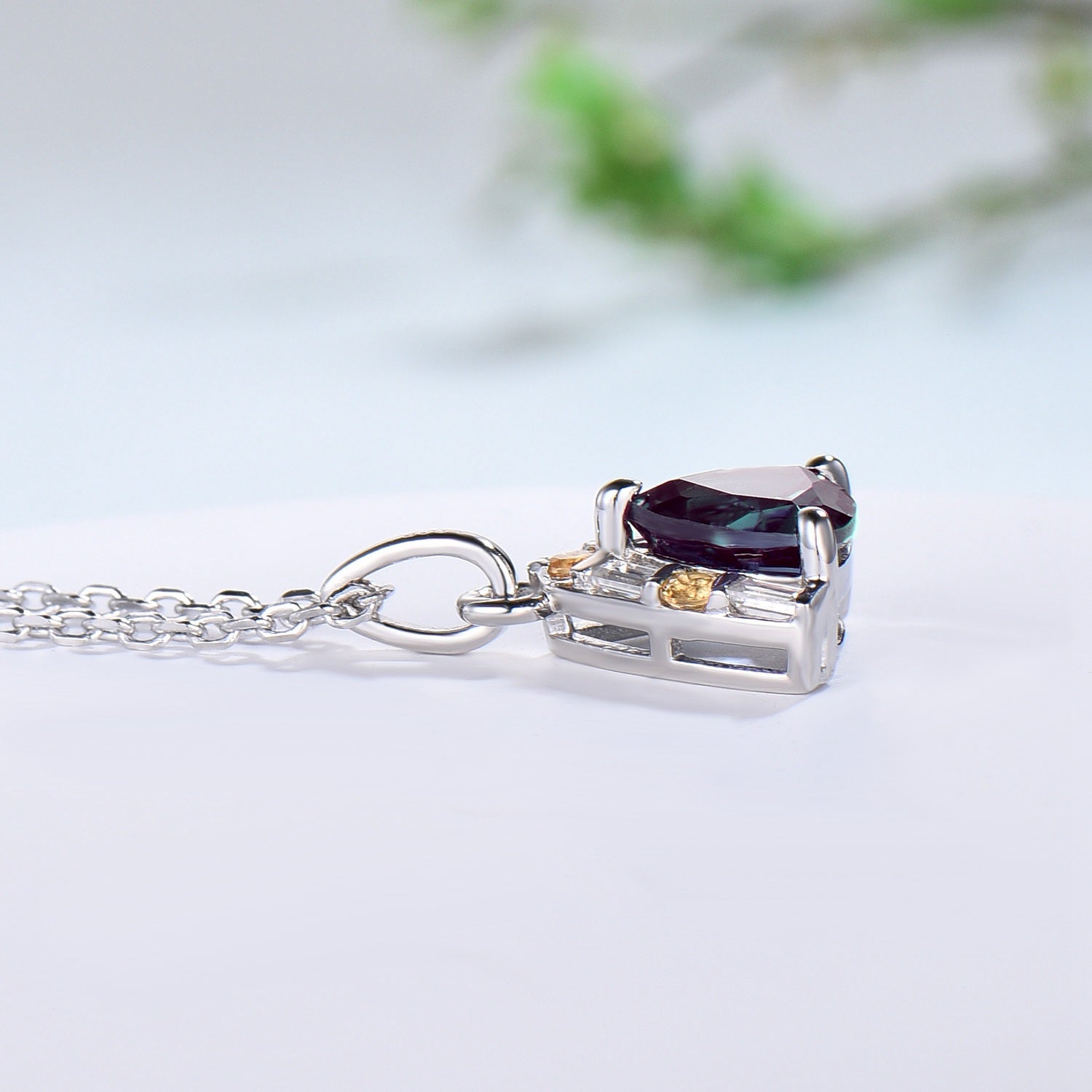 Vintage Trilliant Alexandrite Pendant Necklace with Baguette Moissanite & Citrine in Silver Rose Gold - Elegant Engagement Gift for Women | Perfect for Weddings, Anniversaries, and Special Occasions