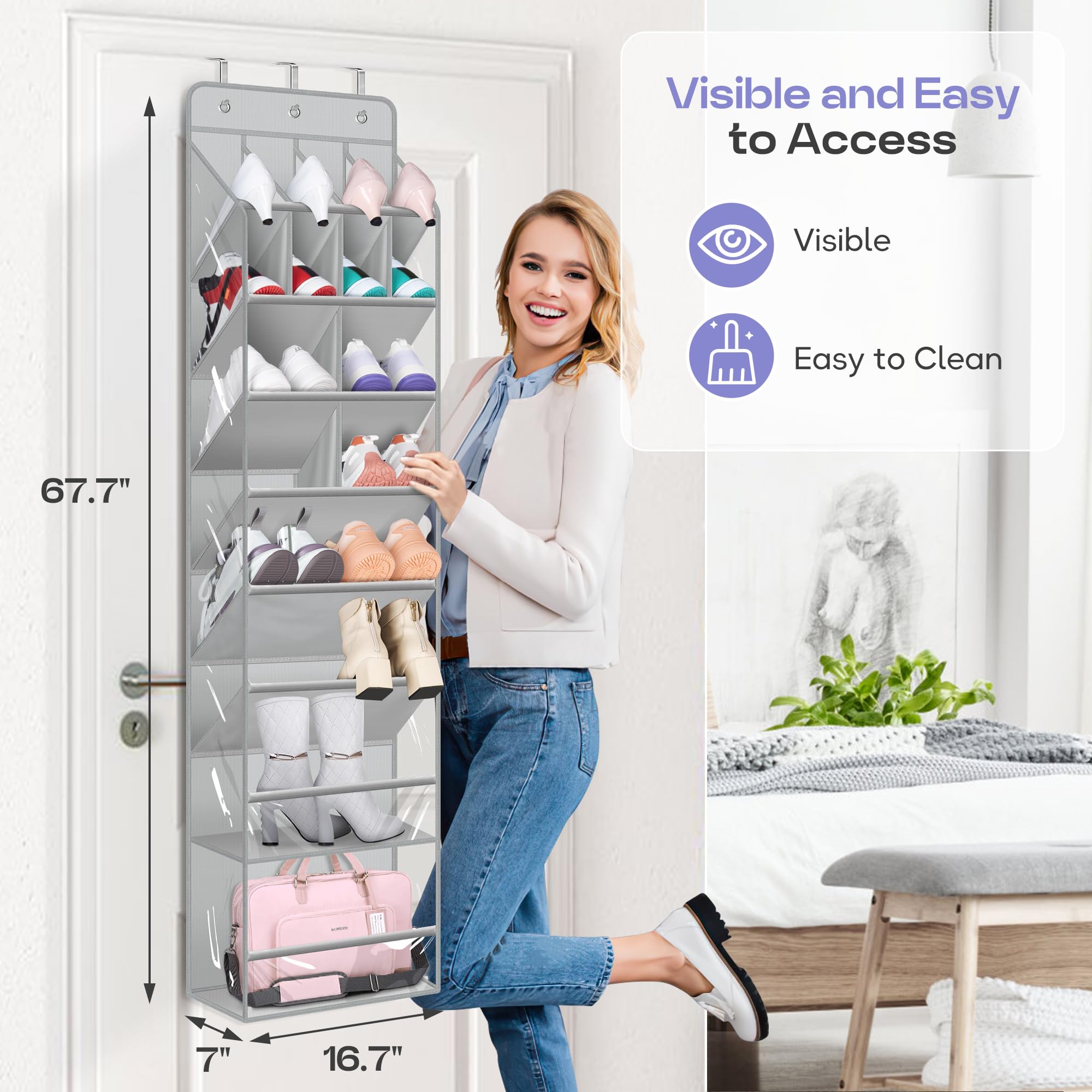 MISSLO Clear Over the Door Shoe Organizer with Large Deep Pockets - Hanging Shoe Rack for Closet Fits 20 Pairs - Perfect for Sneakers, Boots & Heels Storage (Grey) - Ideal for Bedroom, Dorm & Entryway Organization