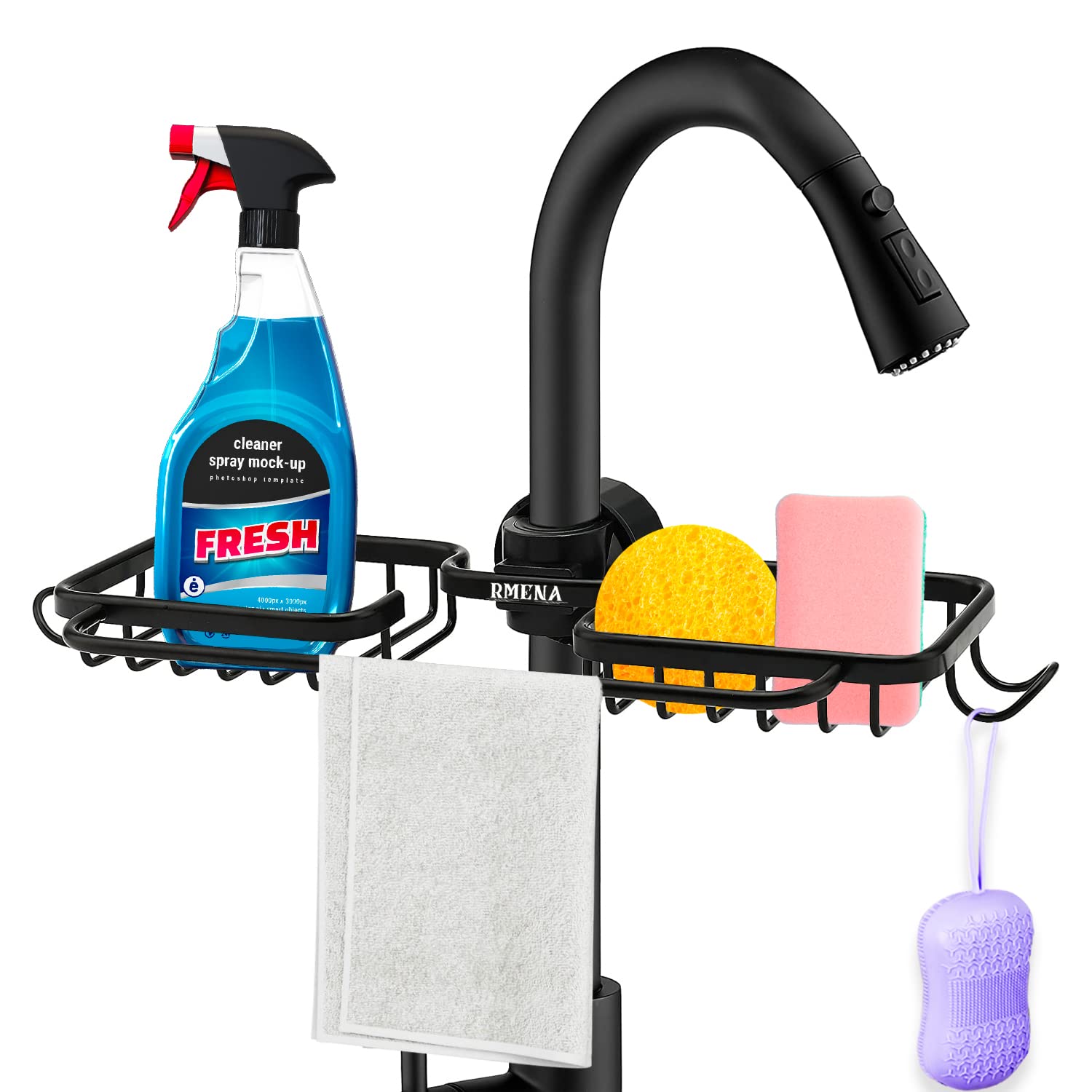 RMENA Faucet Sponge Holder - Kitchen Sink Organizer with Sponge & Cleaning Brush - Stainless Steel Drain Rack for Sponge, Dish Soap & Kitchen Accessories - Perfect for Kitchen Cleaning & Organization