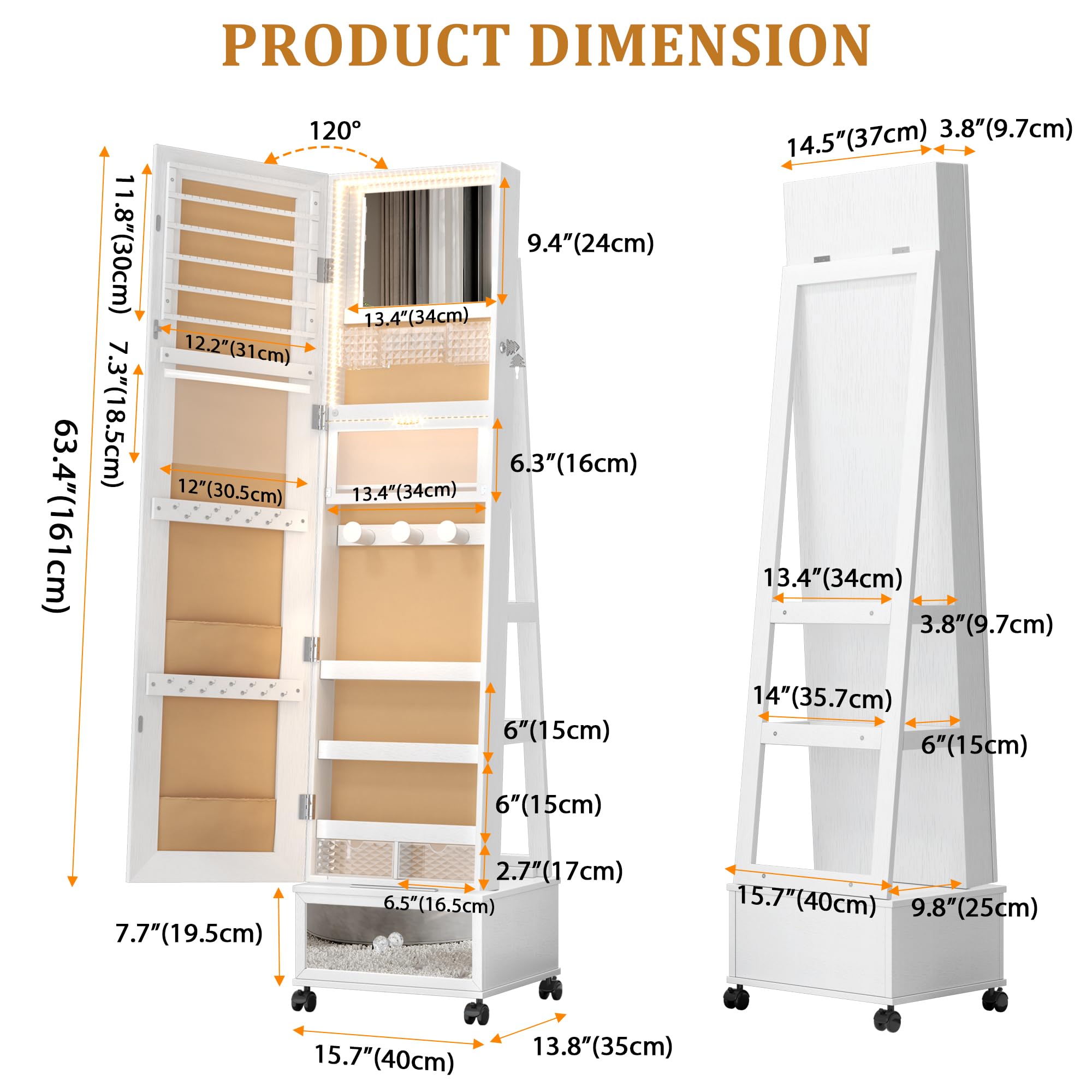 360° Swivel Jewelry Mirror Cabinet with LED Lights - Standing Full Length Rotatable Mirror with Jewelry Storage & Lockable Shelves - Vanity Organizer for Bedroom, Dressing Room & Makeup Area