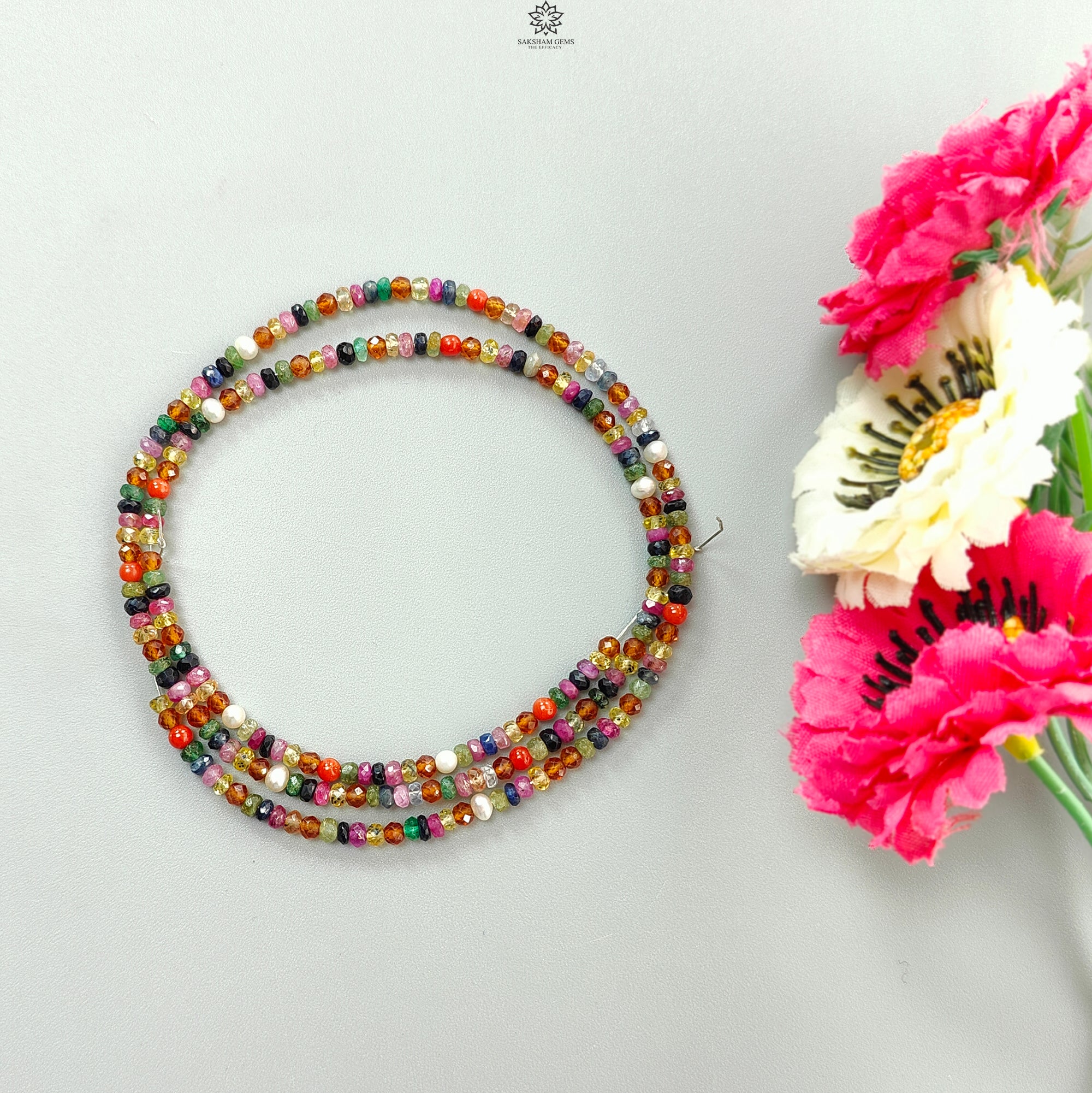 Natural Untreated Precious Gemstone NAVRATNA Multi Sapphire Round Pearl Coral Hessonite Emerald Ruby 40.10cts, 3mm 18 Faceted Loose Beads for Jewelry Making, Meditation & Spiritual Healing - DIY Bracelet, Necklace & Mala Beads