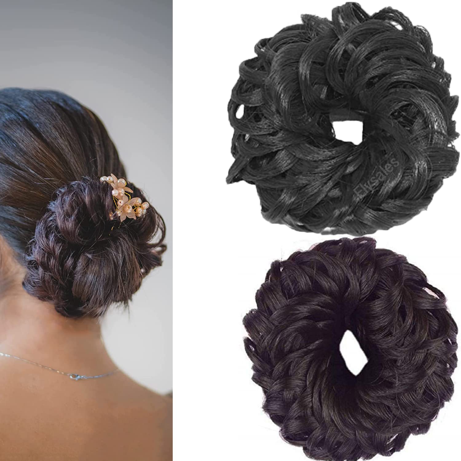 Flysales® 2-Pack Fancy Juda Bun Hair Bands for Women & Girls - Synthetic Hair Extensions for Instant Hairstyles (Black & Brown) - Perfect for Parties, Weddings & Everyday Styling