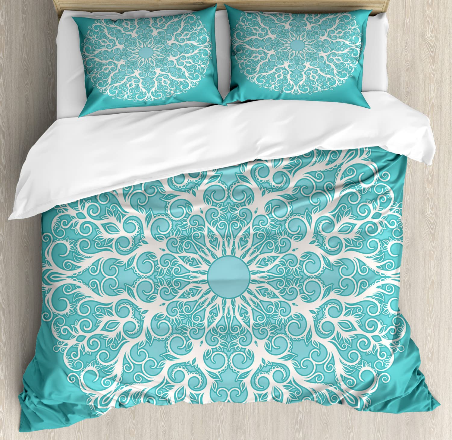 Ambesonne Turquoise Duvet Cover Set - King Size 2-Pack with 2 Duvet Covers & 4 Pillowcases, Round Tree Branches Floral Pattern, Symmetrical Circle Design in White | Perfect for Master Bedroom, Guest Room & Bohemian Home Decor