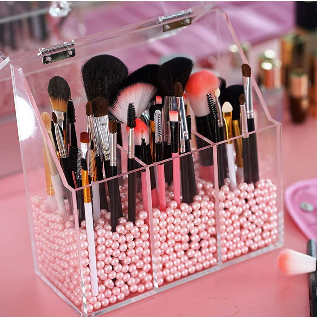 NOPEILVI Clear Acrylic Makeup Brush Holder with Lid - Cosmetic Brush Organizer Storage Box for Makeup Brushes, Eyeshadow Brushes & Beauty Tools | Perfect for Vanity, Travel & Salon Use