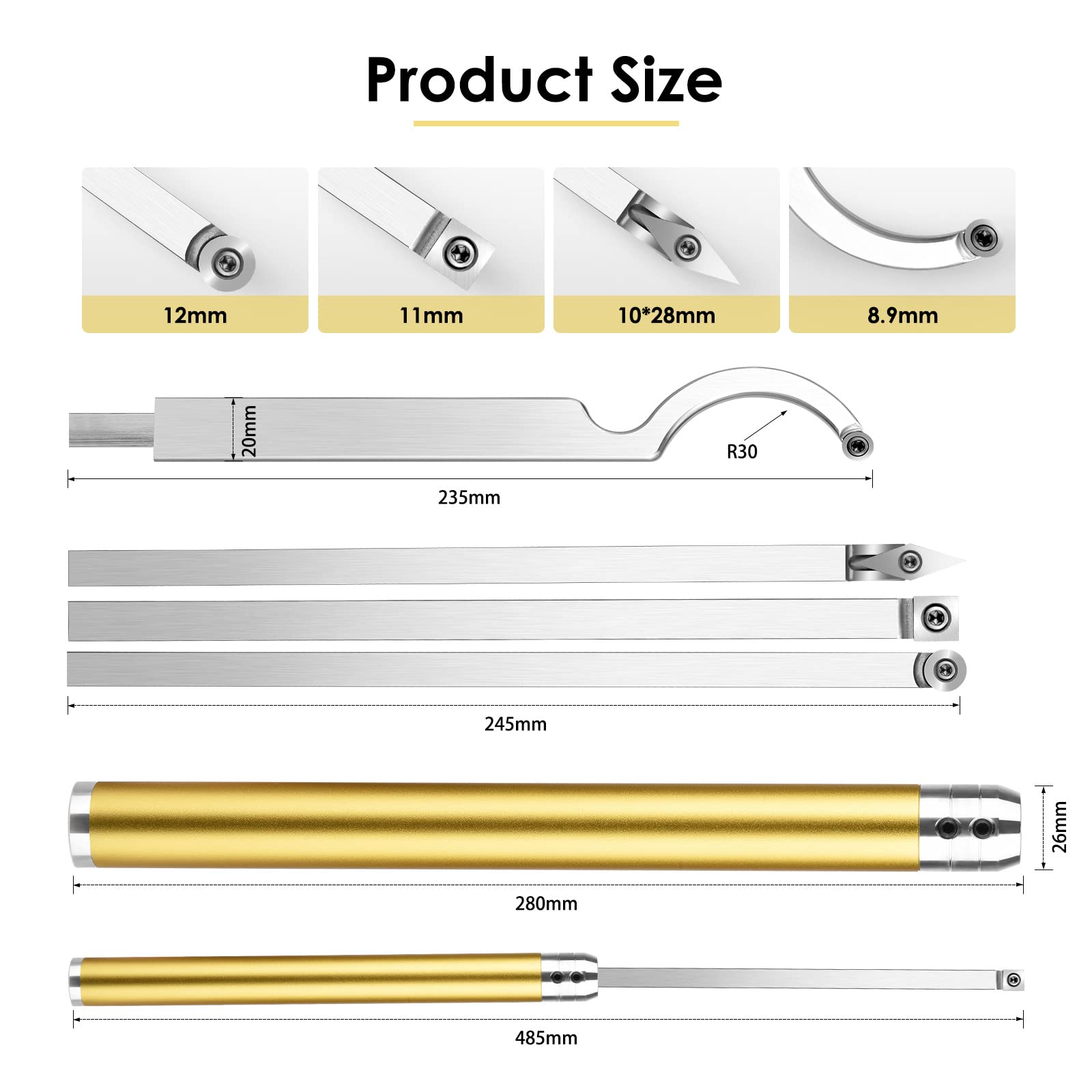 Premium Carbide Lathe Tool Set - Wood Turning Tools with Rougher, Finisher, Swan Neck & Hollowing Tools | Detachable Alloy Handle & Diamond/Square/Round Carbide Inserts | Wooden Case Included | Perfect for Woodturning, Furniture Making & DIY Woodworking Projects