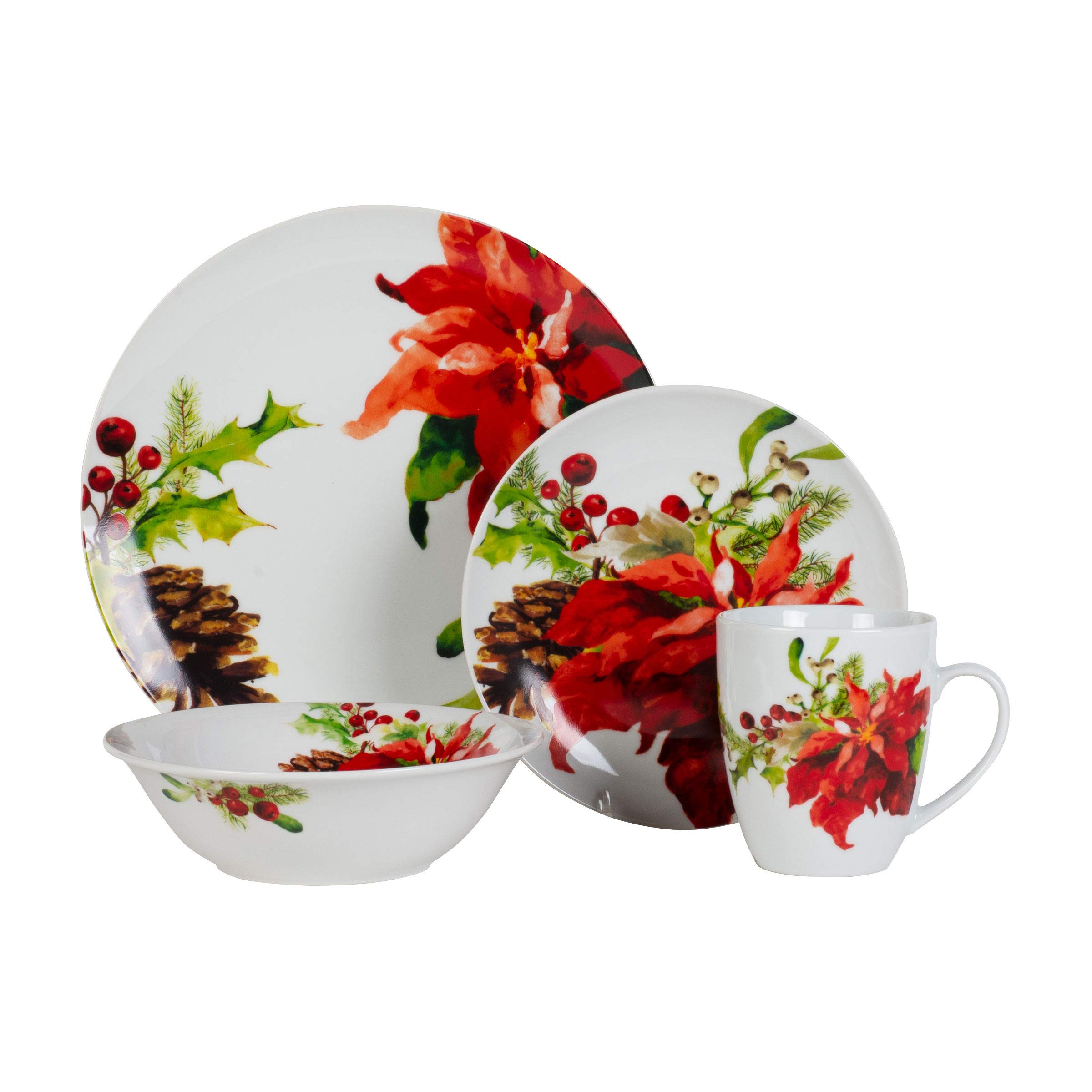 Fitz and Floyd Holiday Home 32-Piece Dinnerware Set - Elegant Porcelain Tableware for Christmas, Thanksgiving & Family Gatherings - Complete Service for 8 with Plates, Bowls & Cups