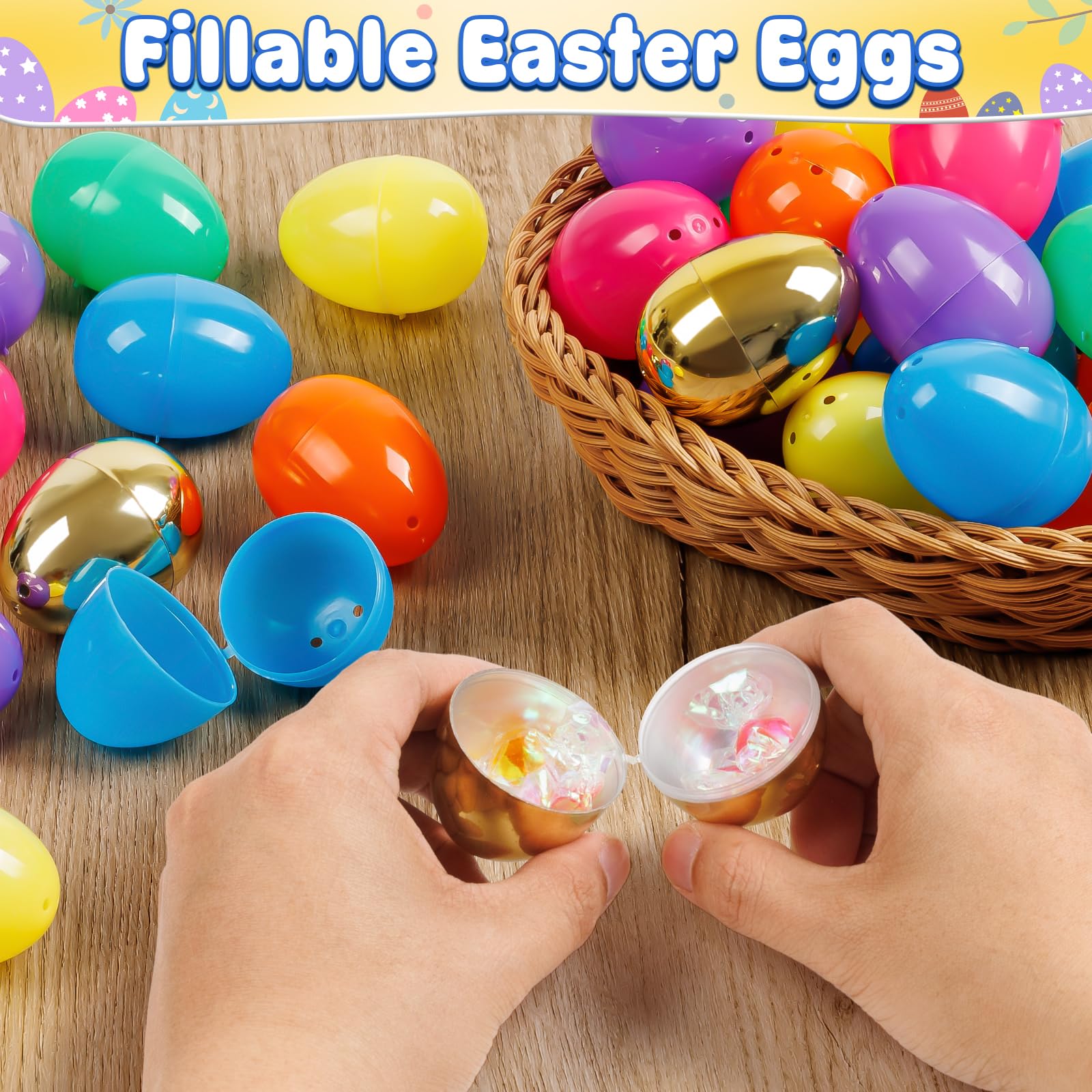 300PCS Plastic Easter Eggs Bulk - 2.4 Inch Hinged Fillable Eggs (288 Colorful + 12 Golden) for Easter Egg Hunt, Party Favors & Basket Stuffers - Perfect for Kids Easter Party, Classroom Activities & Spring Celebrations